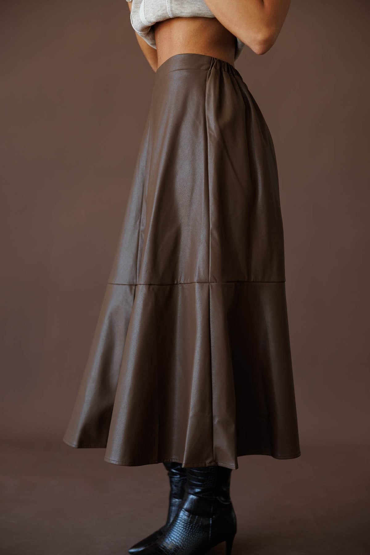 Chocolate leather midi skirt