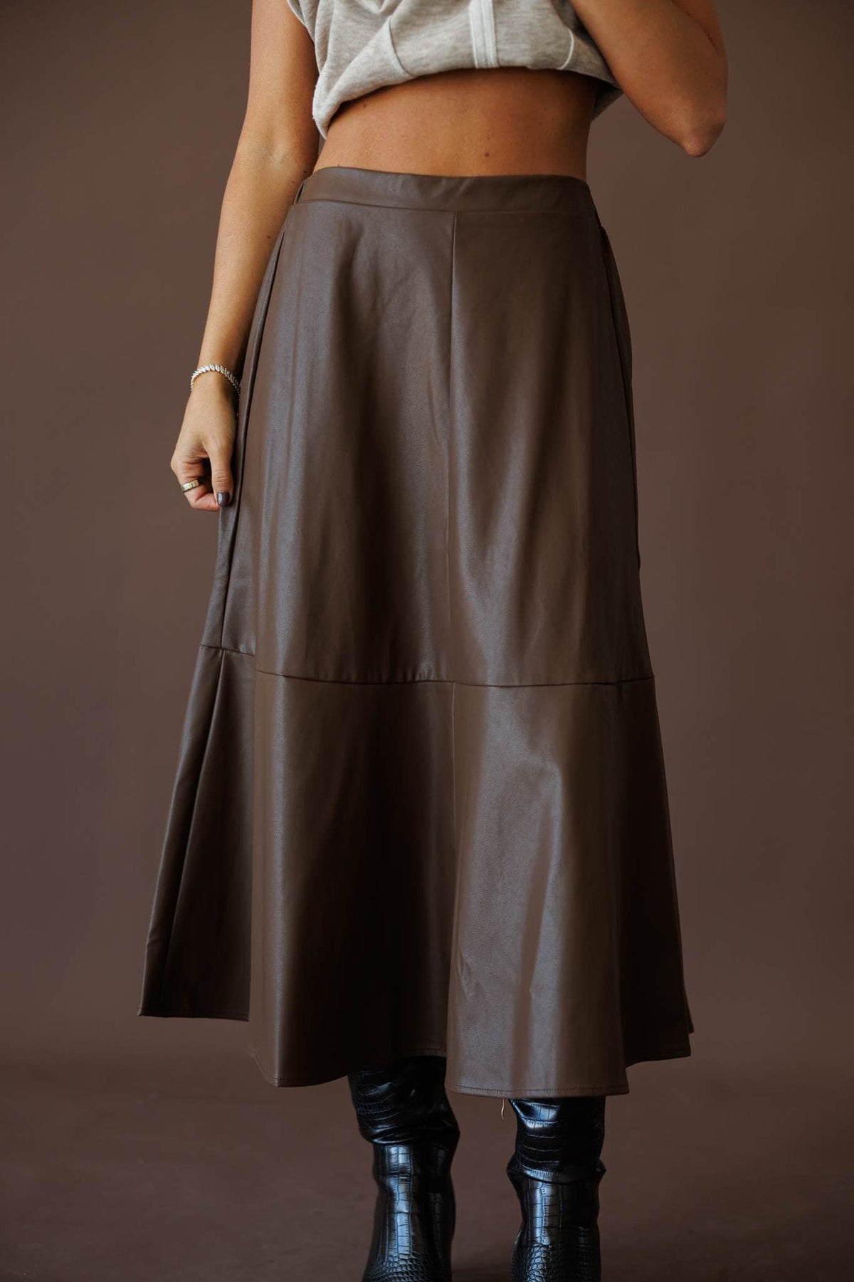 Chocolate leather midi skirt, front view