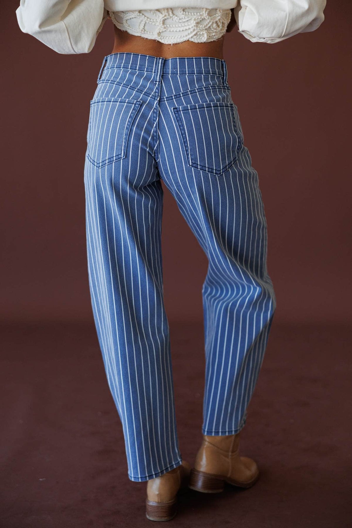 Just Black Striped Barrel Jean, back view of the five pocket