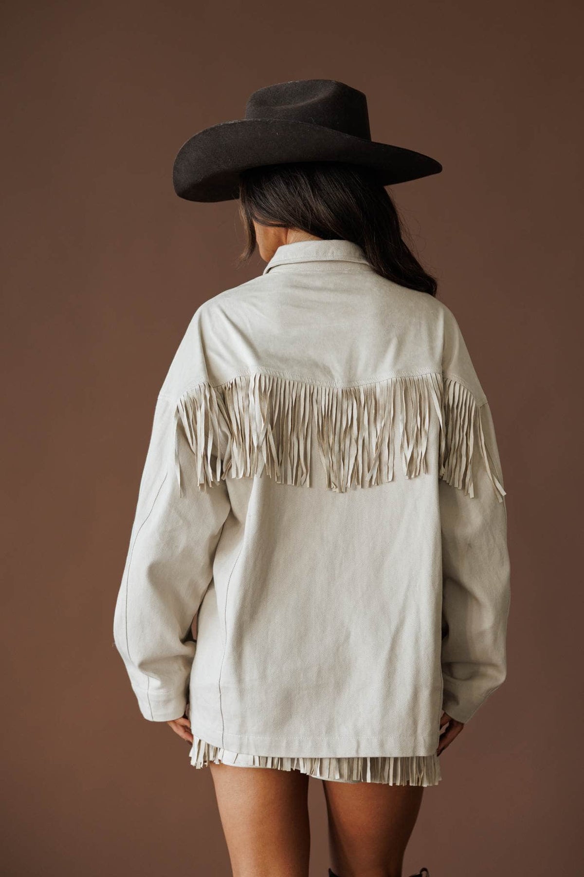 Oatmeal fringe shirt jacket, back view