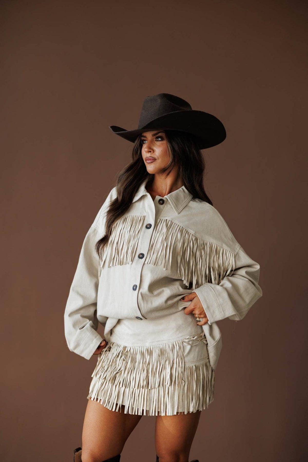 Oatmeal fringe shirt jacket
