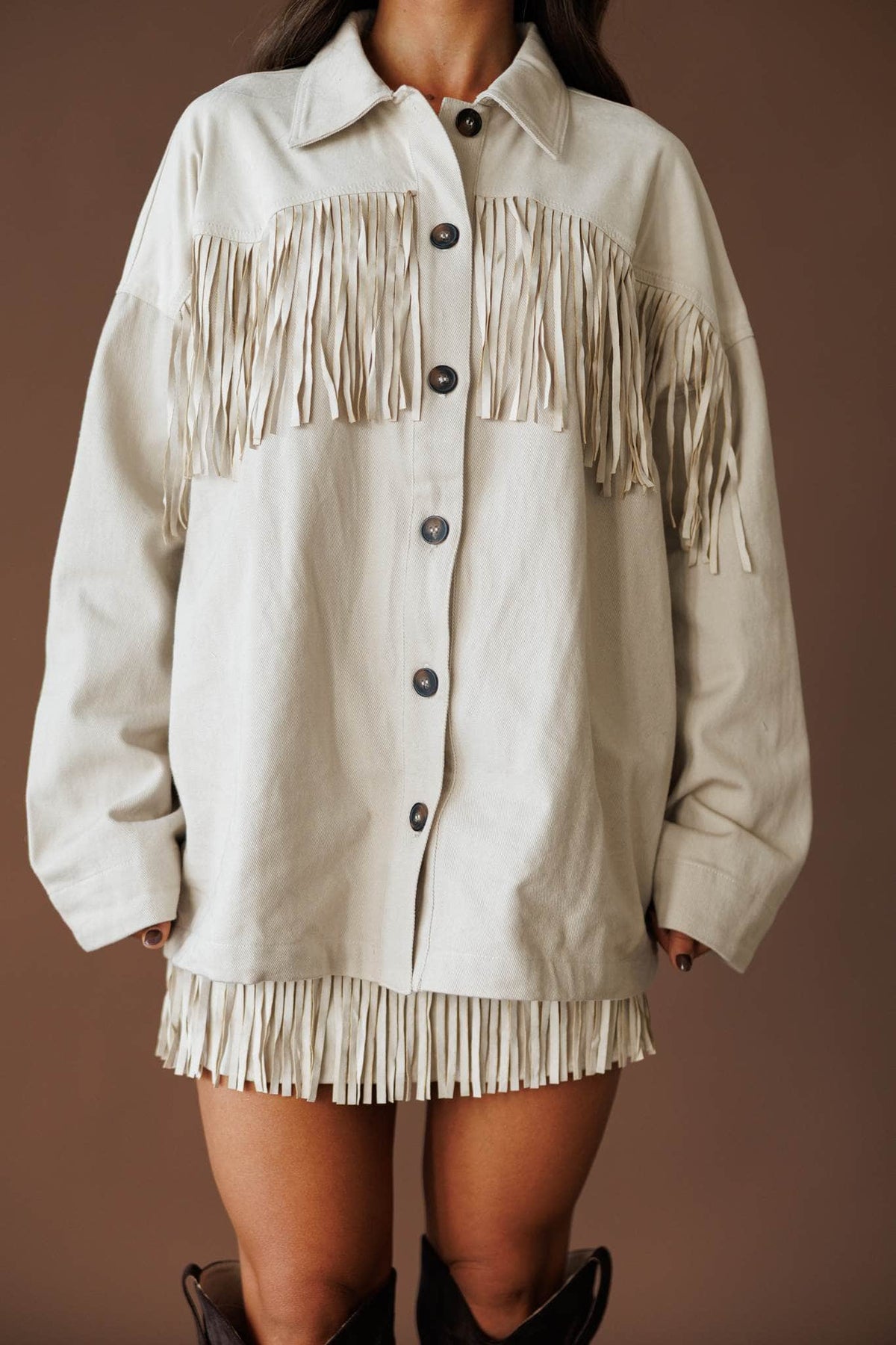 Oatmeal fringe shirt jacket