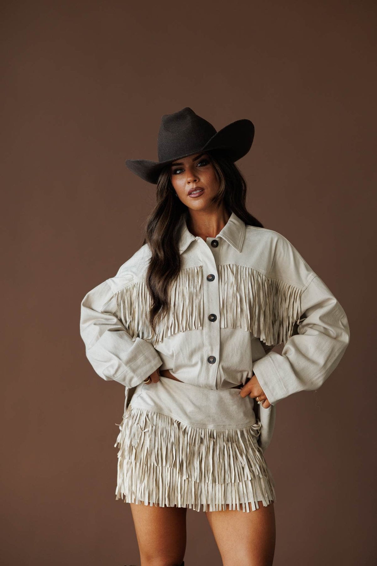 Oatmeal fringe shirt jacket