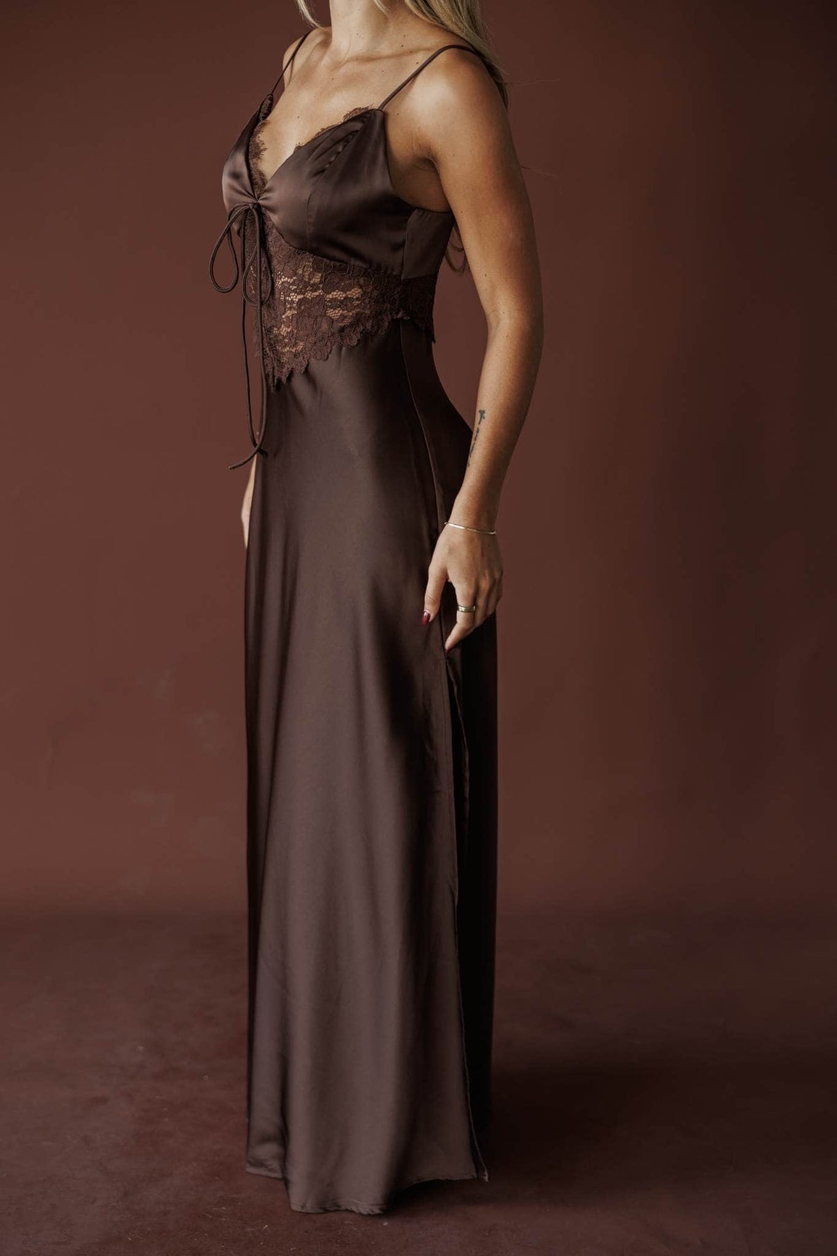 Lace Alter Maxi Dress, in espresso, side view of the bias skirt
