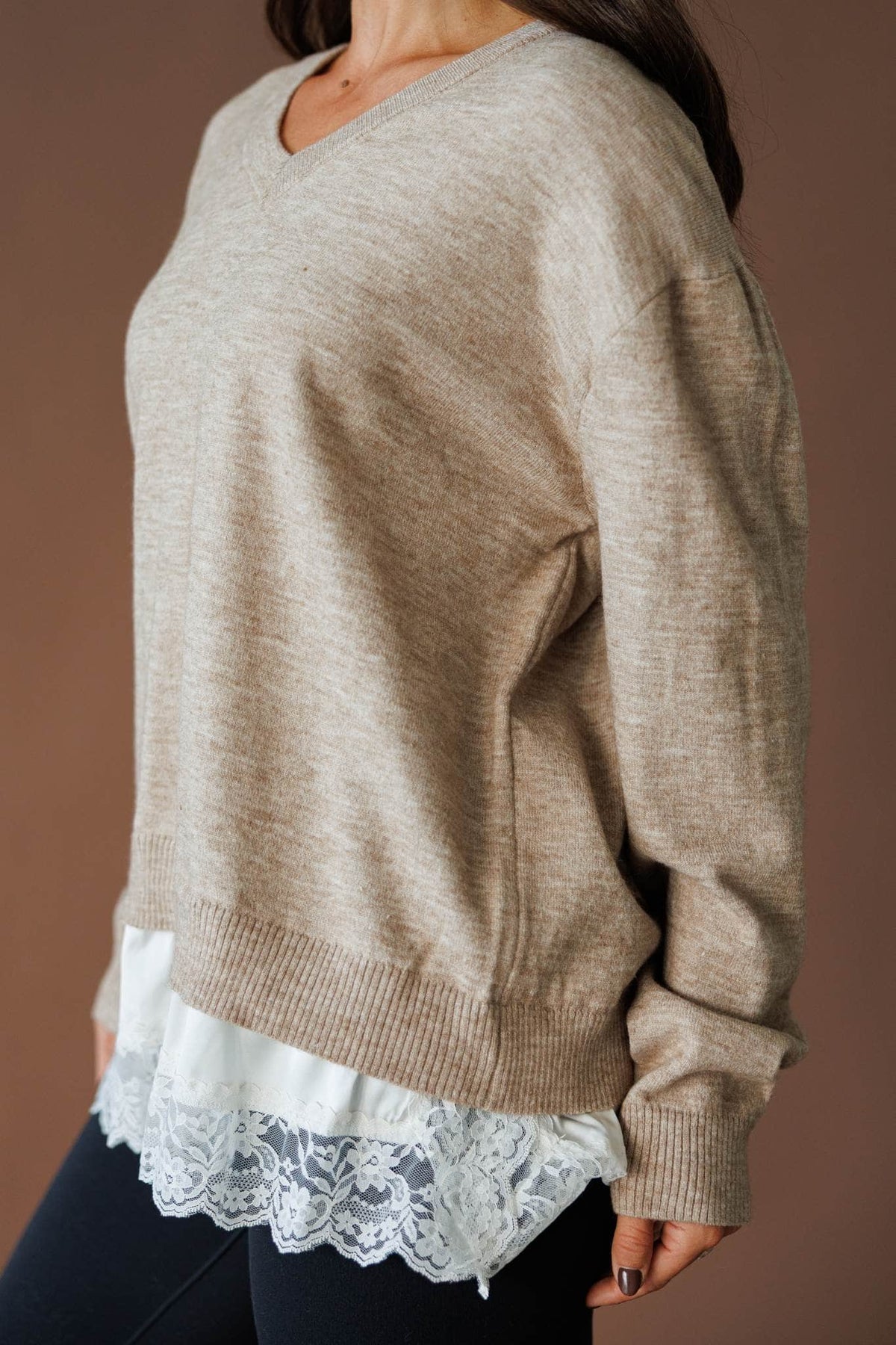 Lace layer V neck sweater