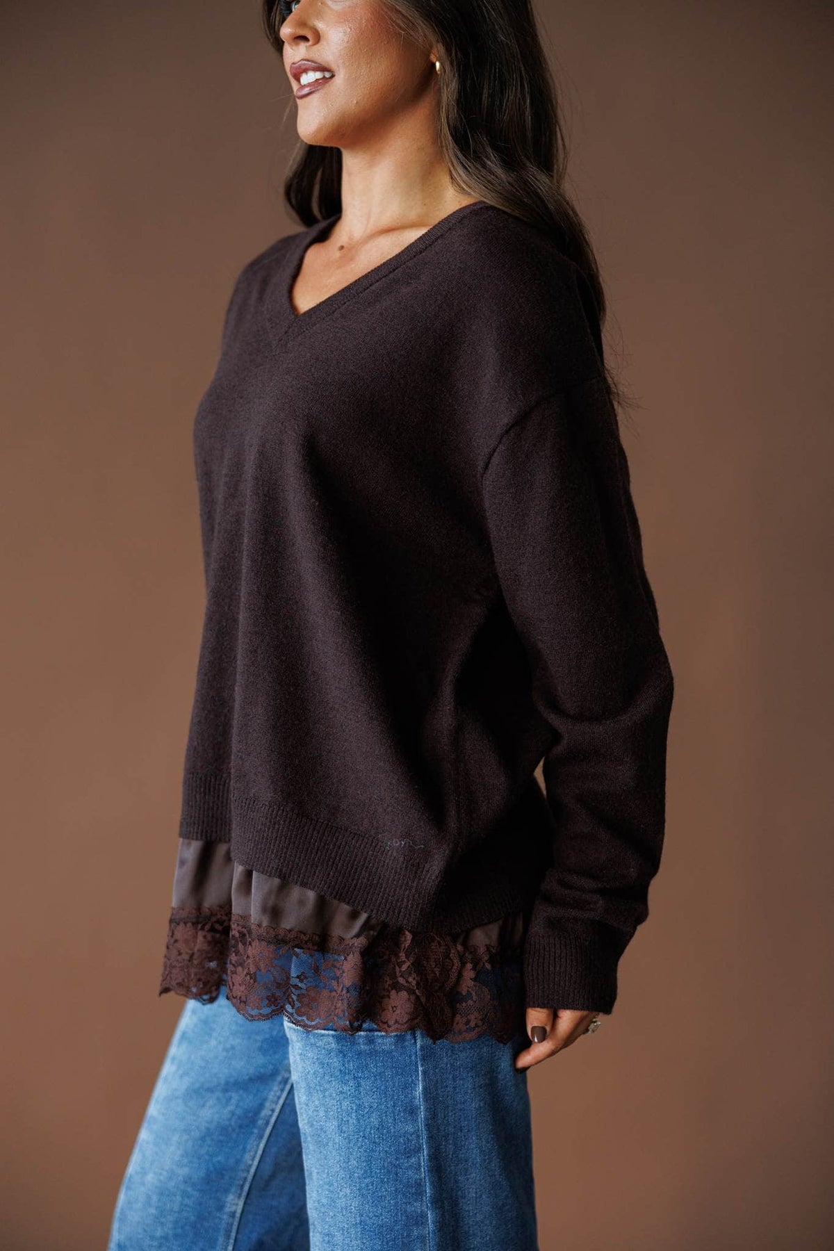 Lace layer V neck sweater