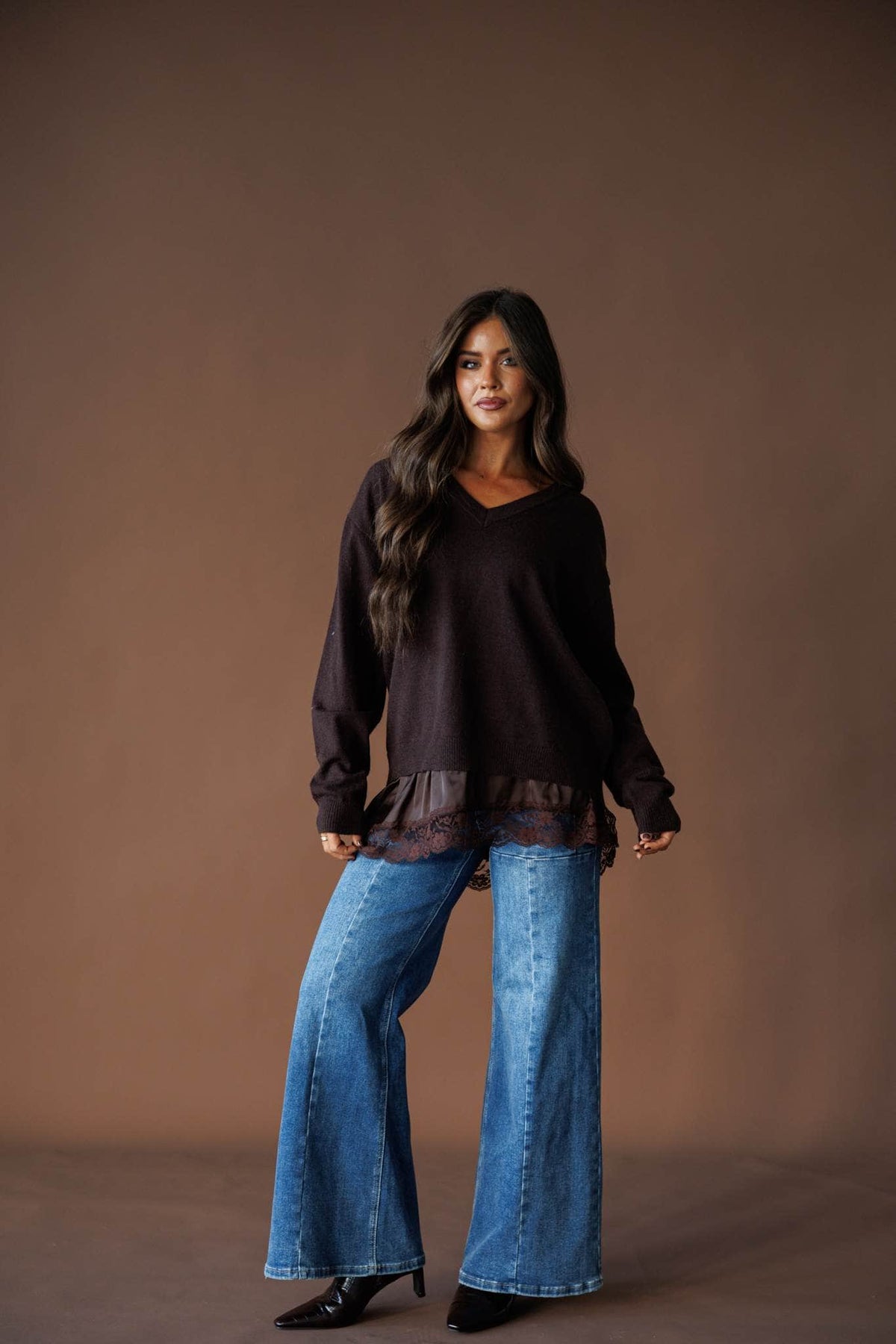 Lace layer V neck sweater, front view