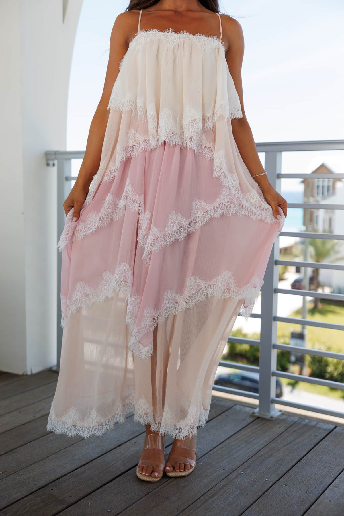 Tiered lace chiffon midi dress