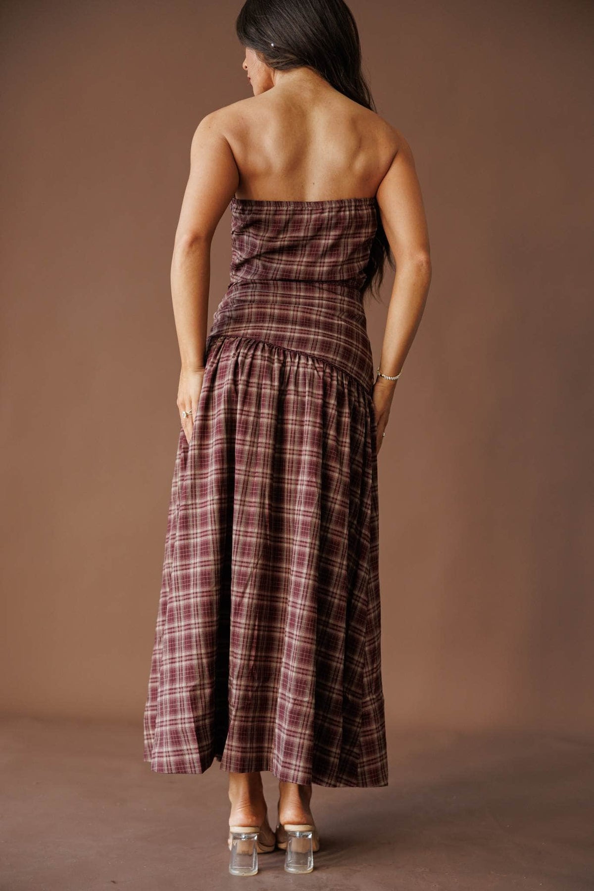 Plaid strapless maxi dress