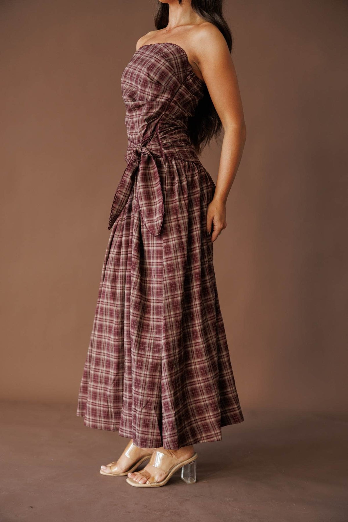 Plaid strapless maxi dress