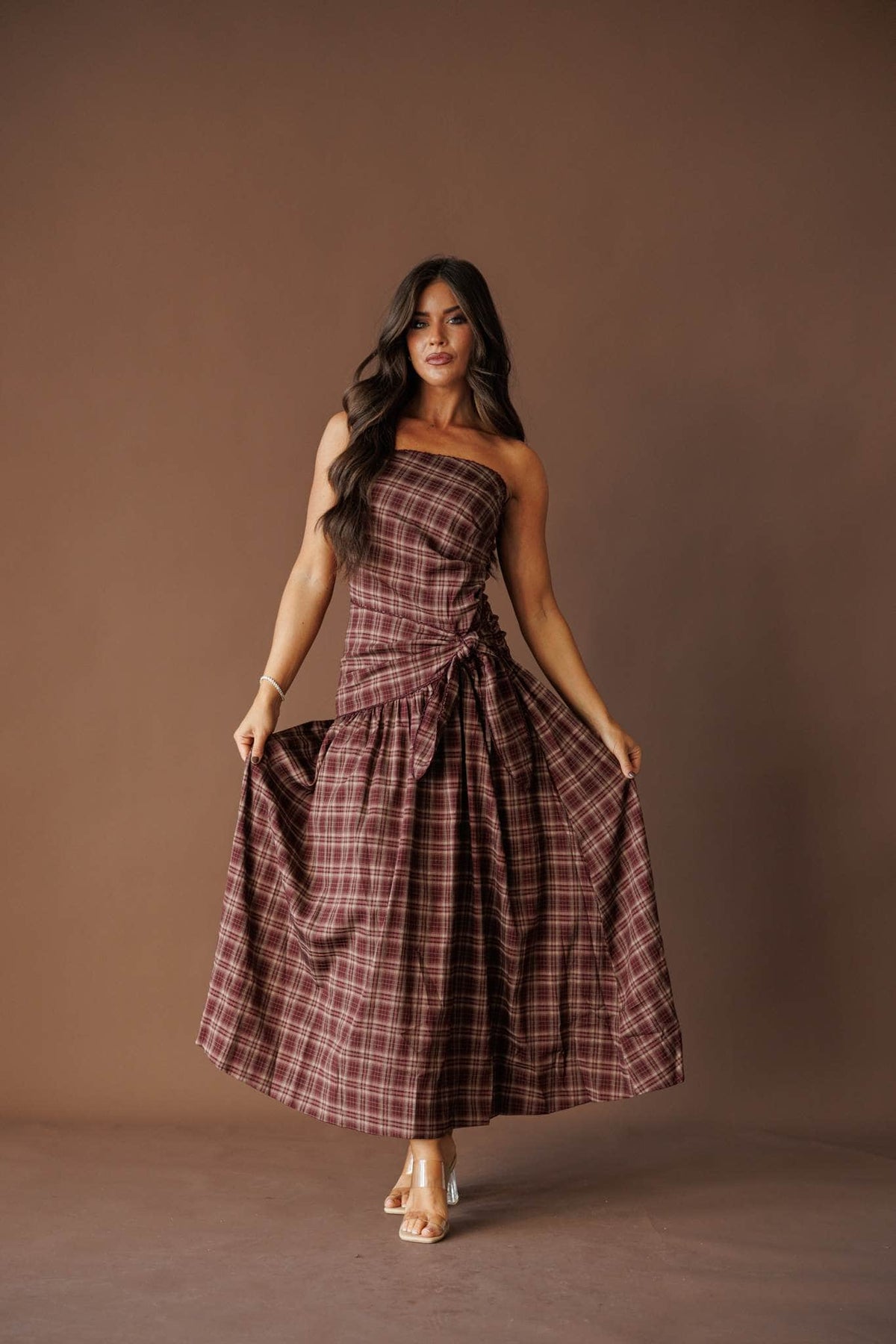 Plaid strapless maxi dress, front view