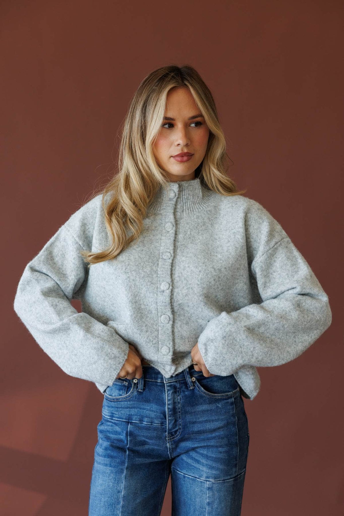 Heather grey cardigan, front view