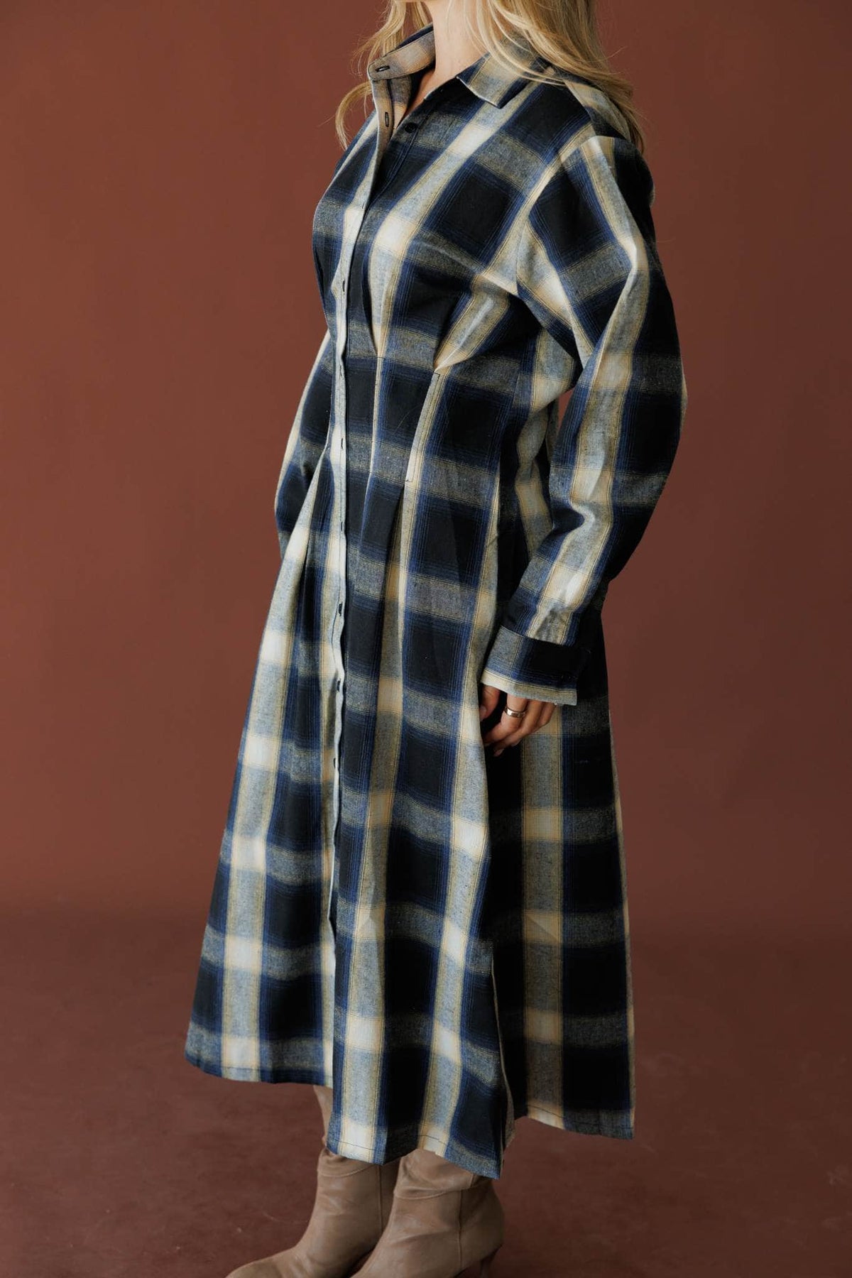 Navy and cream plaid button front midi dress