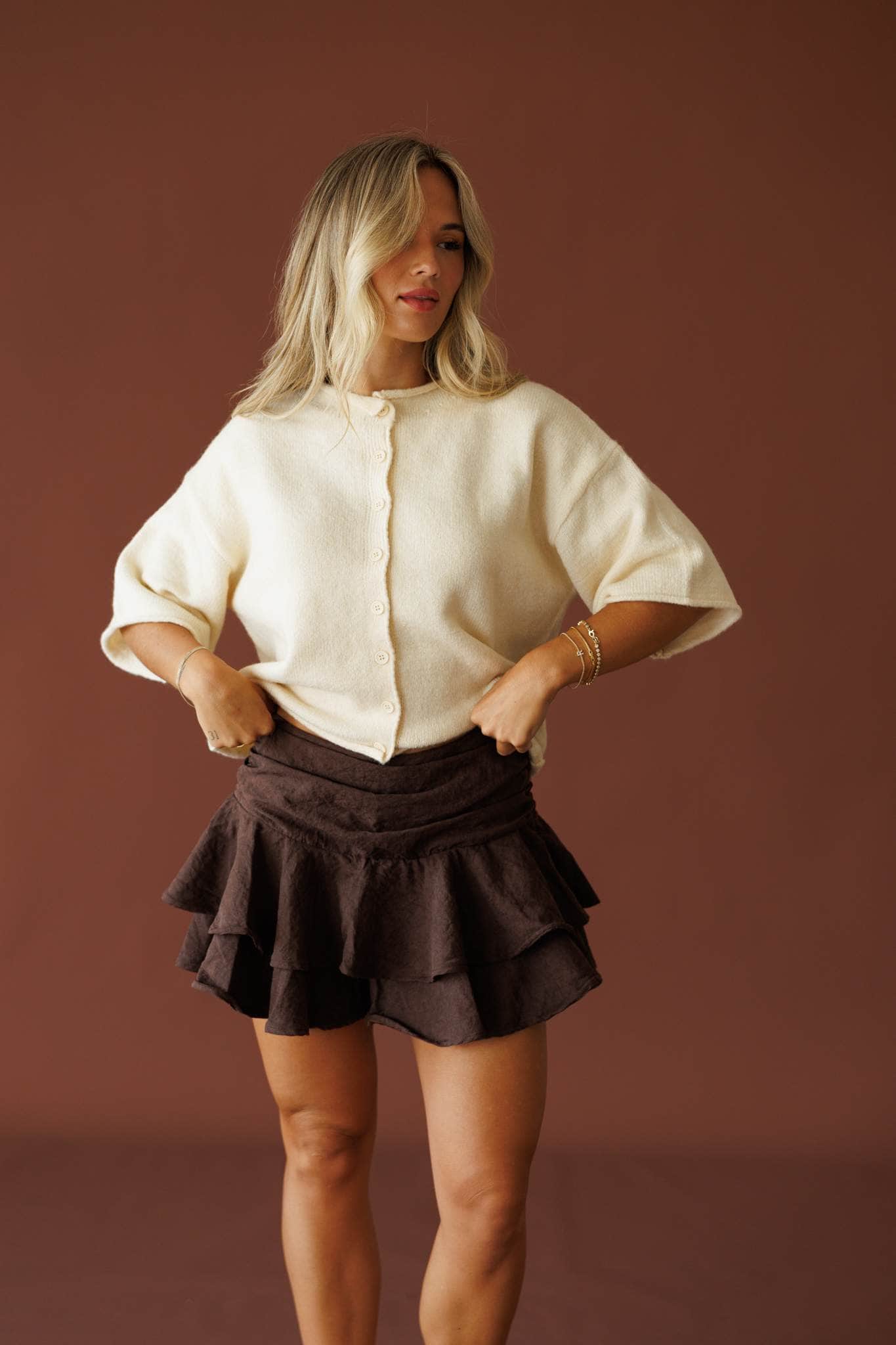 Brown Mid Waist Flare Skort