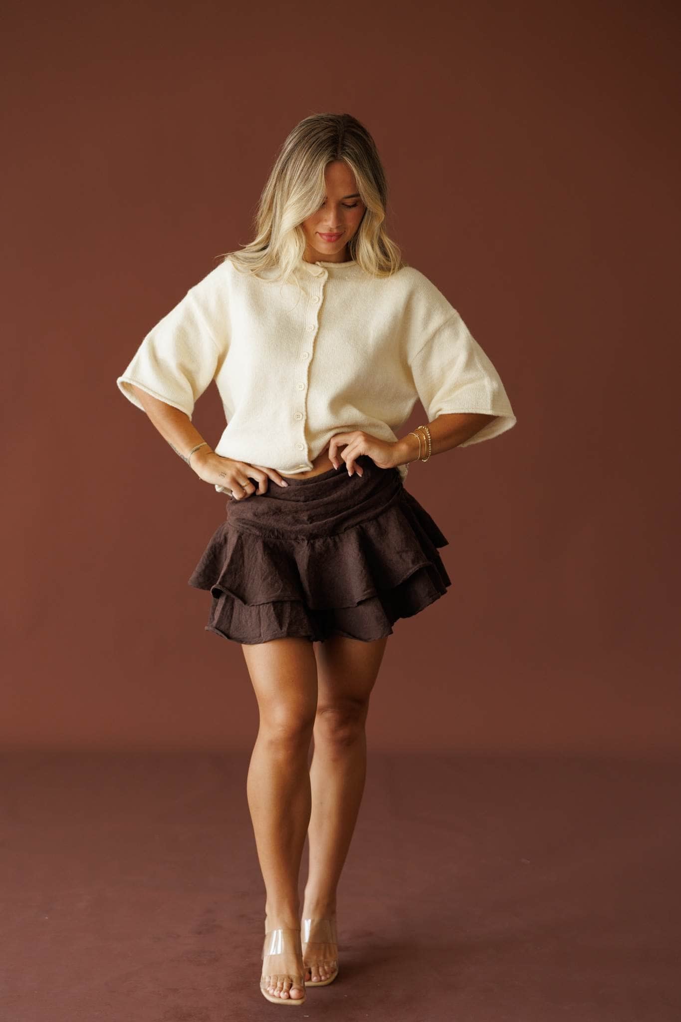 Brown Mid Waist Flare Skort