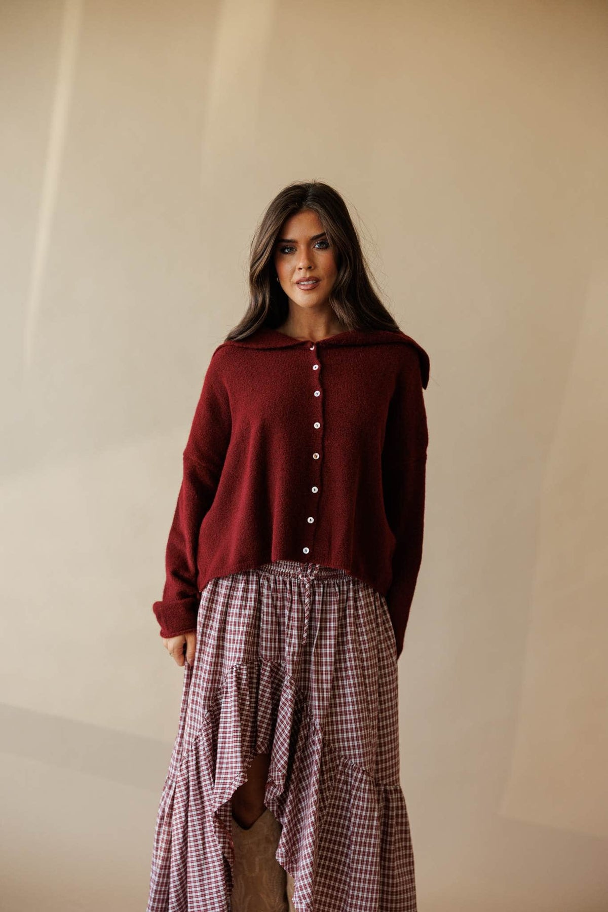 Wine knit button front cardigan, front view