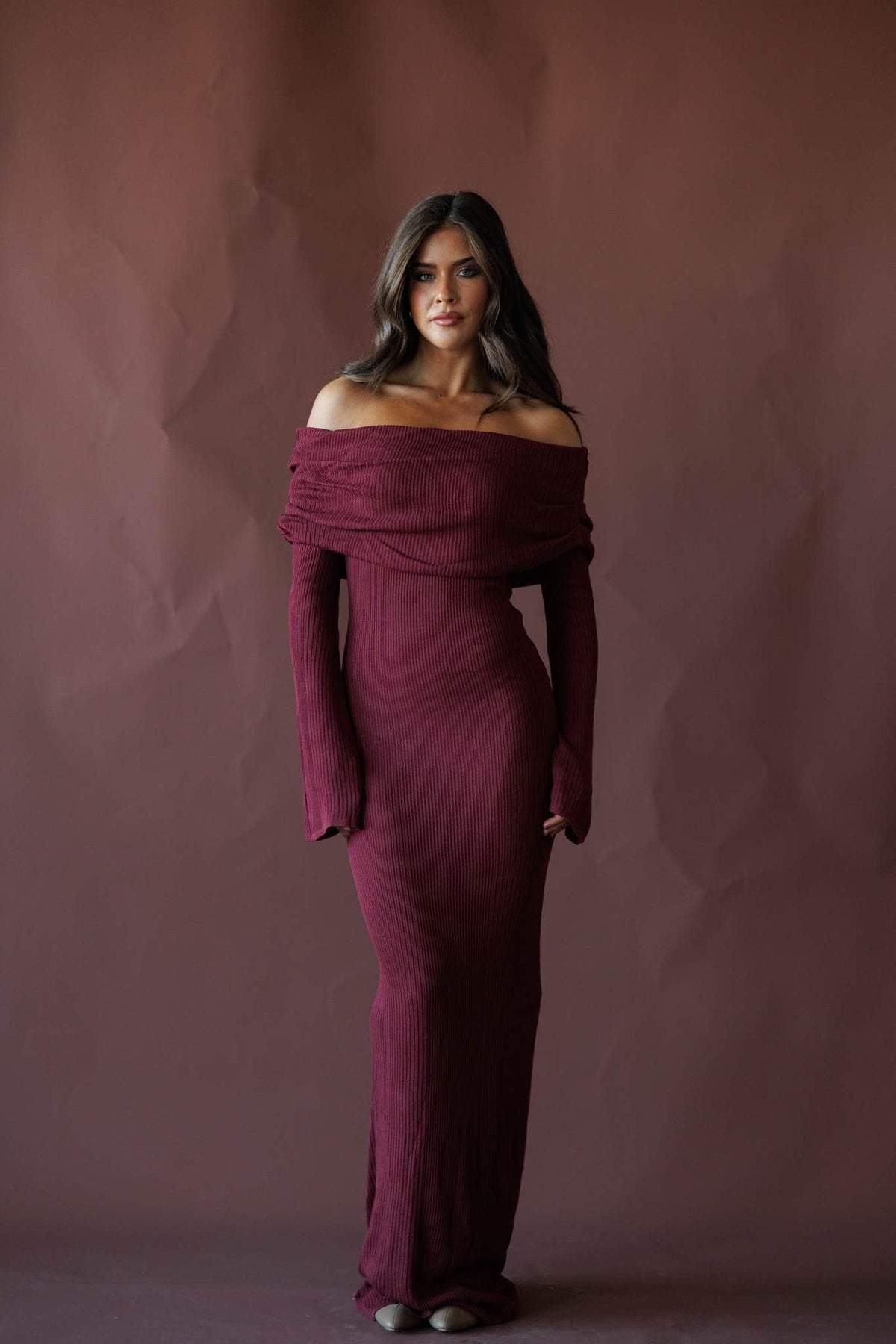 Burgundy off the shoulder knit maxi dress, front view