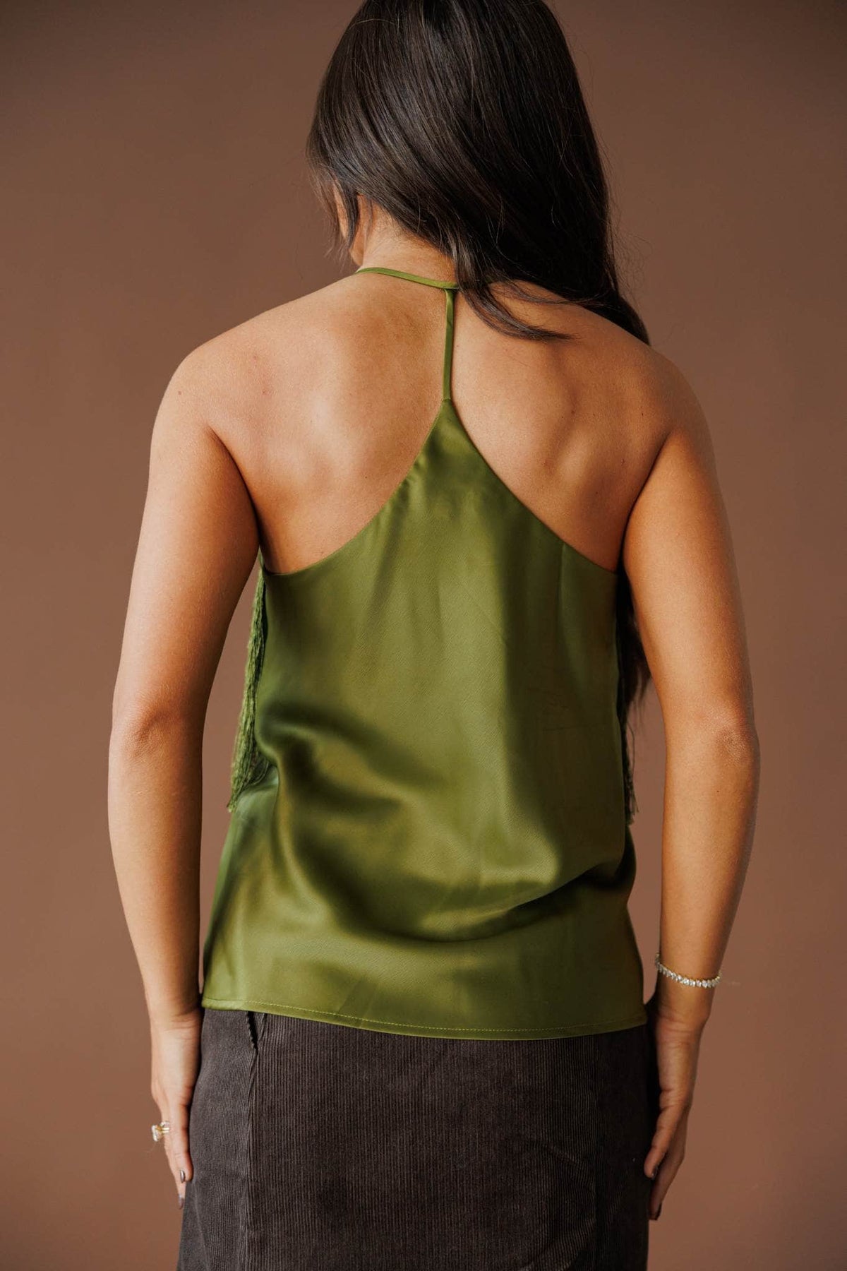 Olive fringe cami top