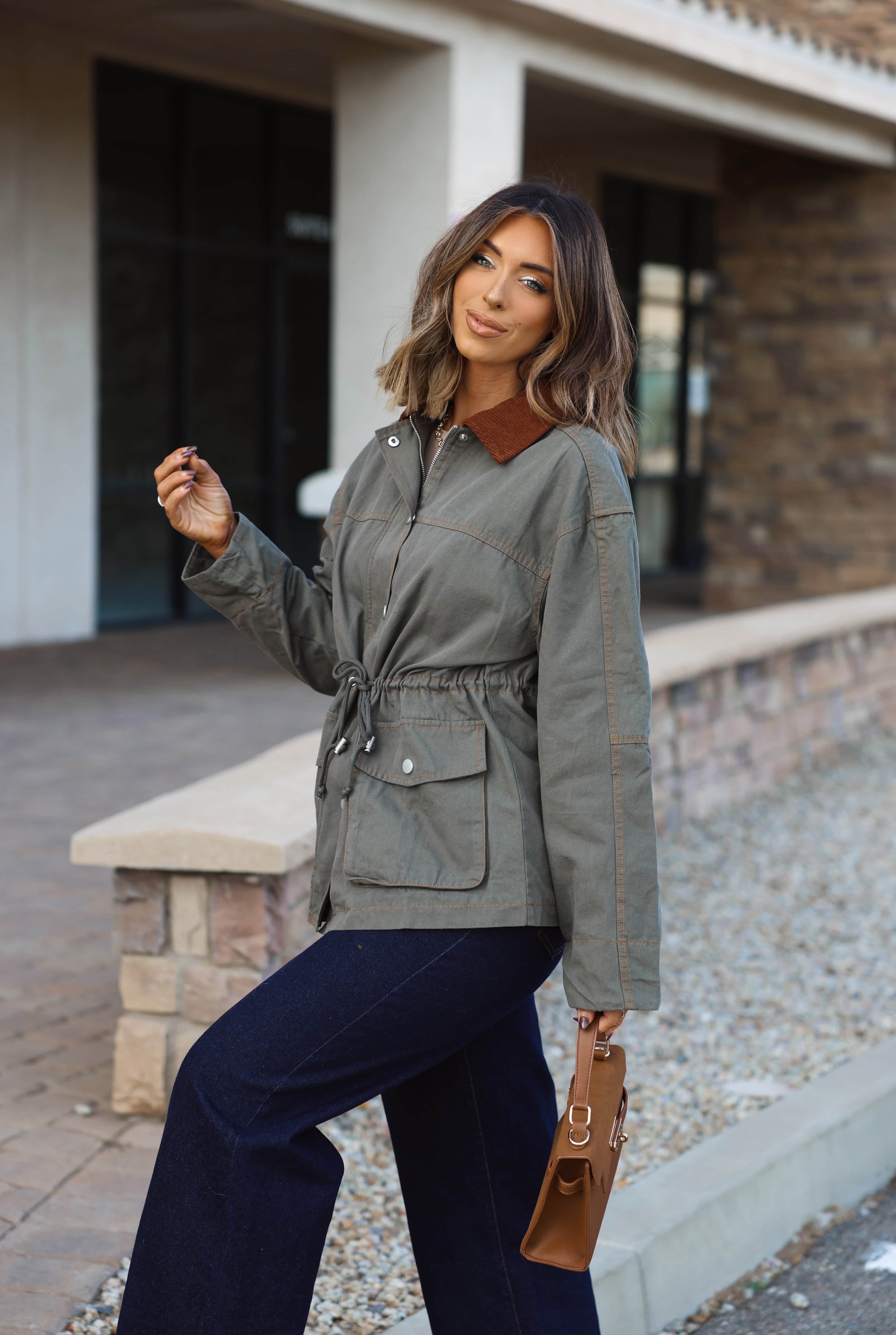 Olive Waist Tie Barn Jacket