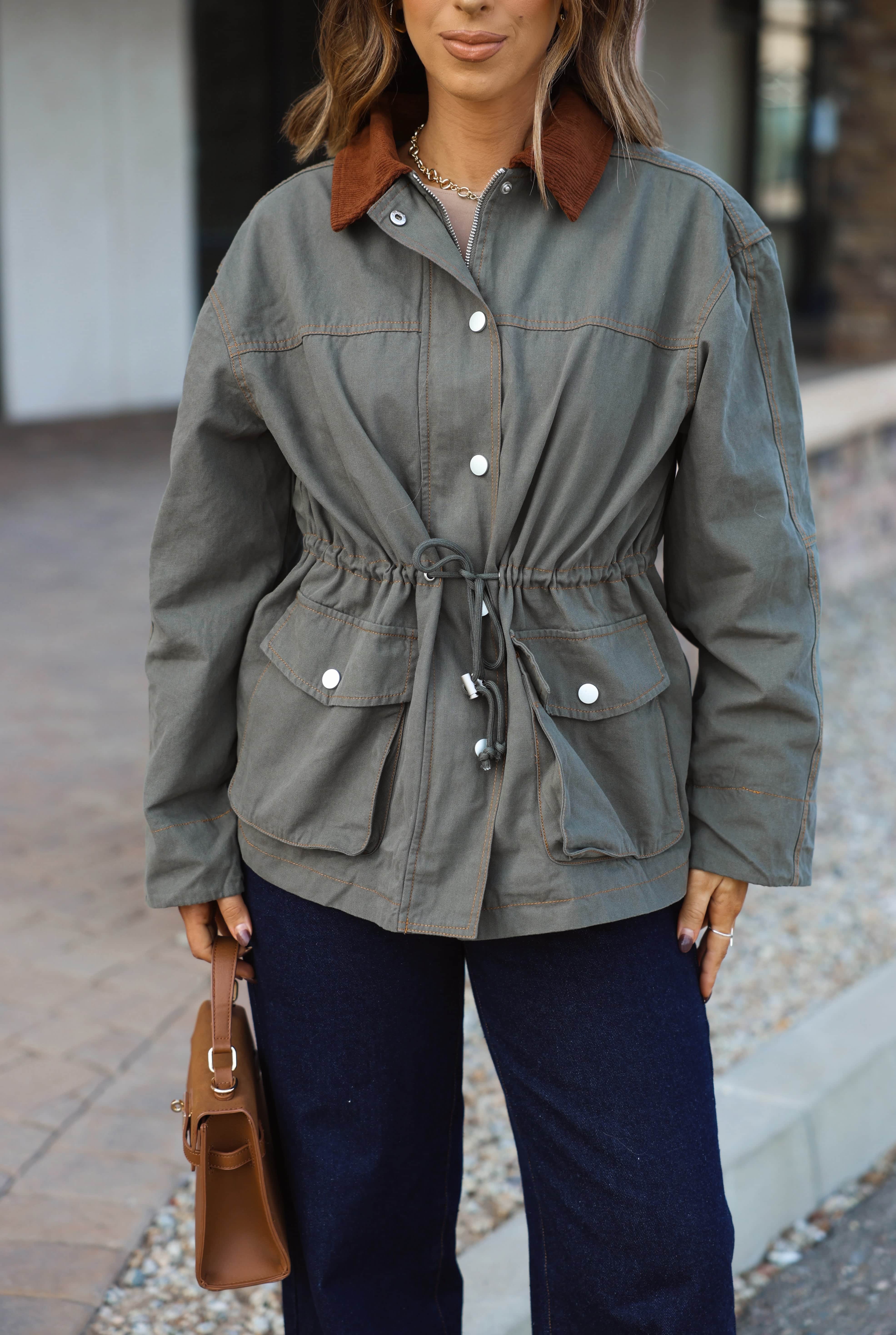 Olive Waist Tie Barn Jacket