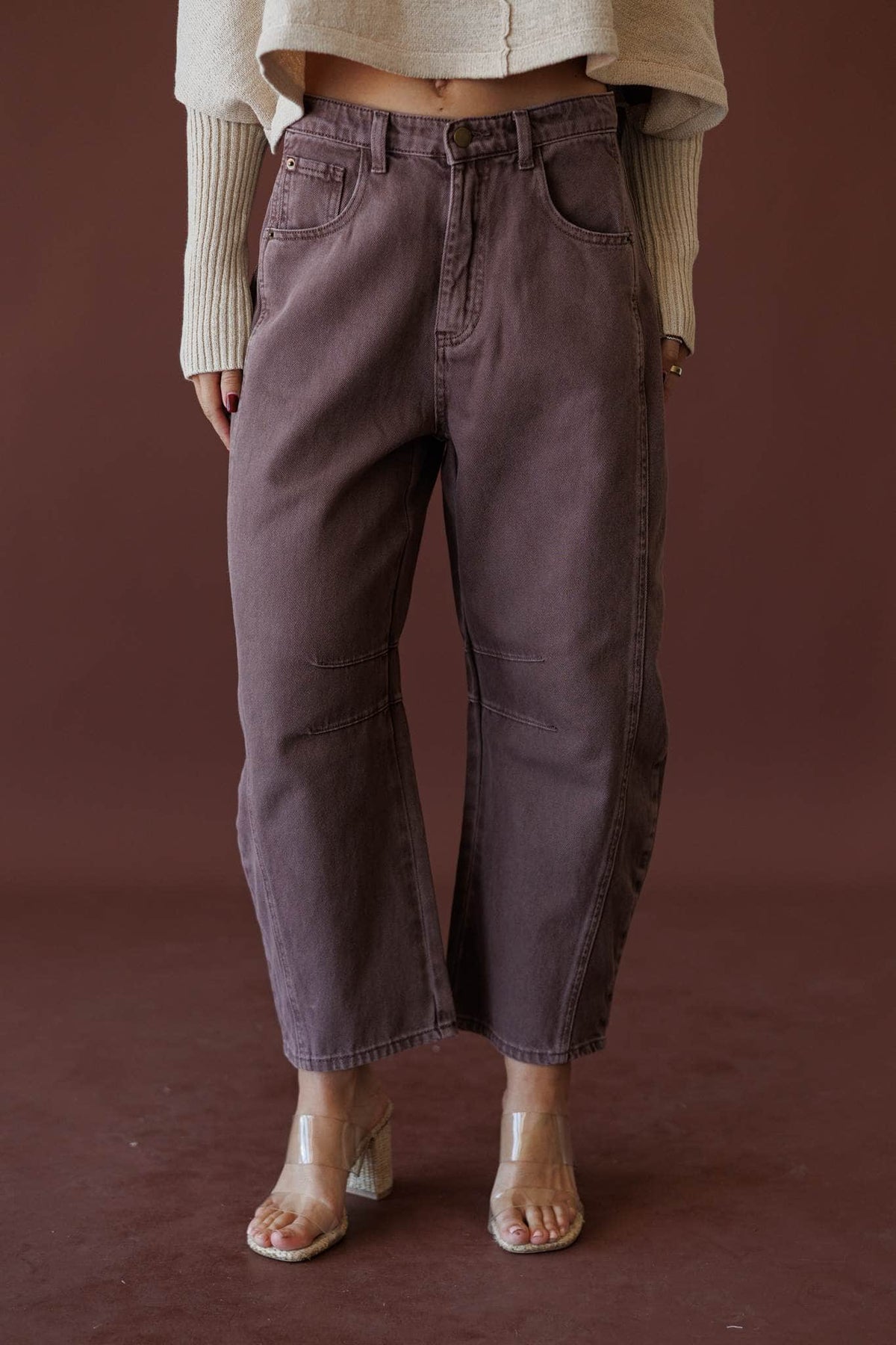 Eastside Cargo Pants, in dusty plum, front view of the washed cargo pants