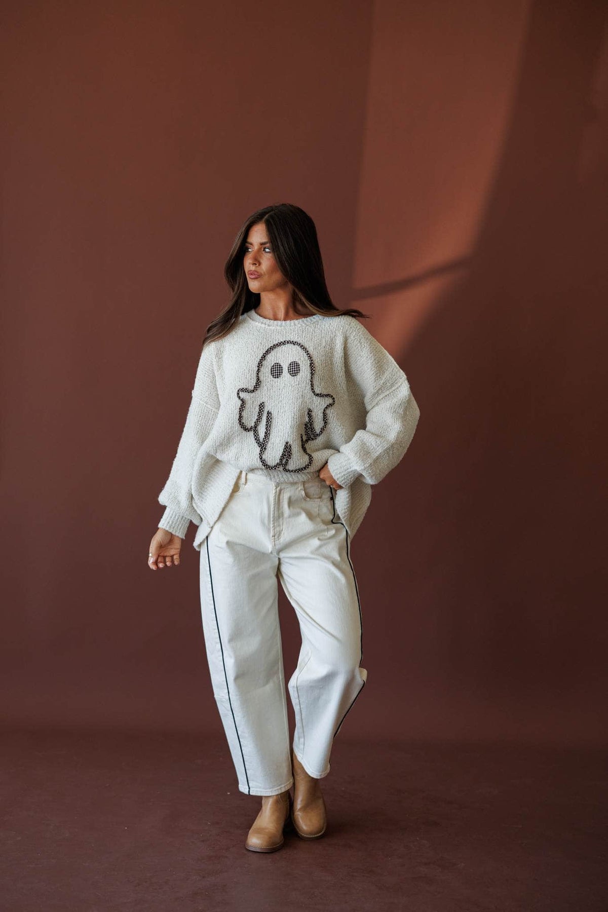 Piped Wide Leg Pants, in ecru, full-length front view with a ghost sweatshirt