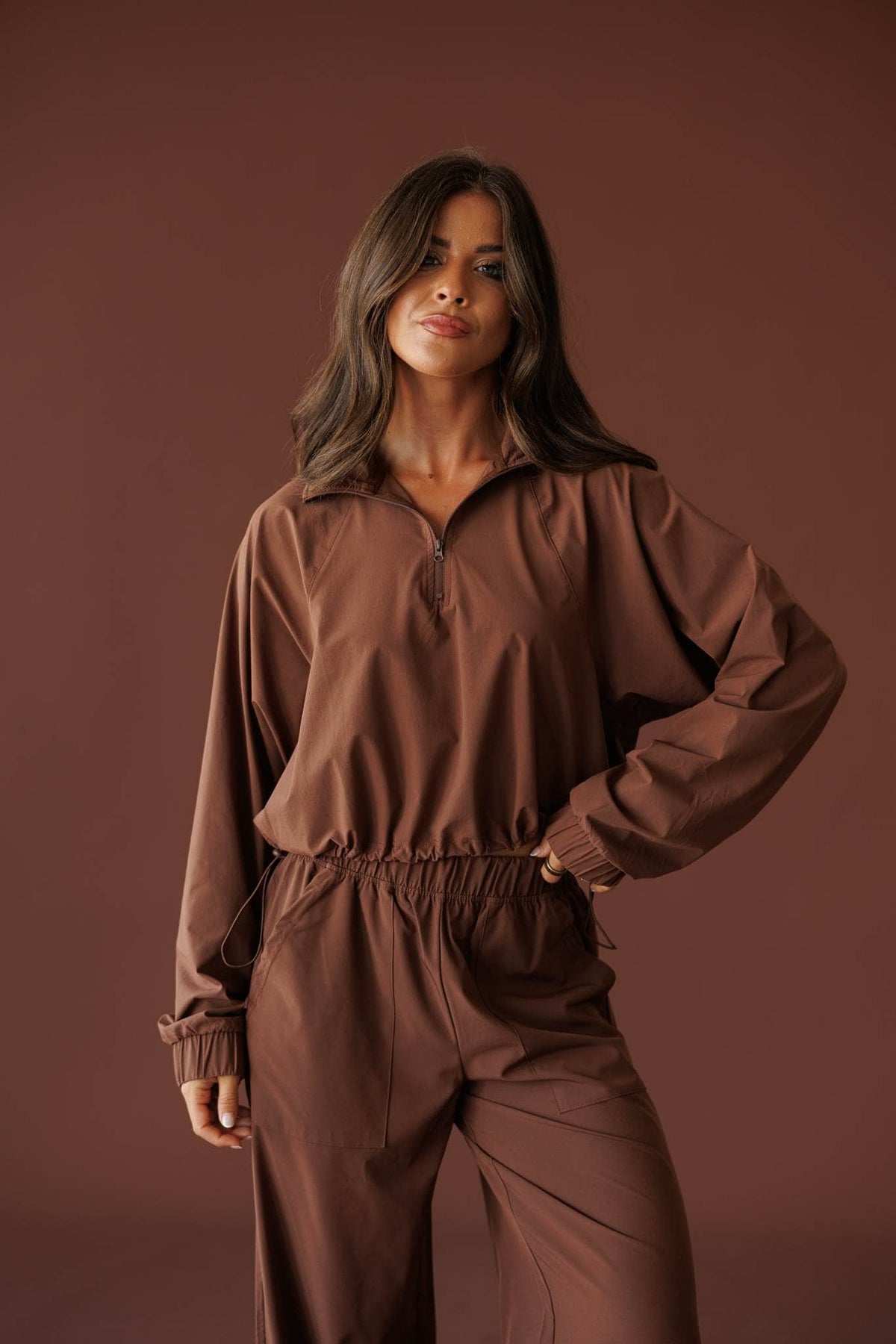 Pace Yourself Half Zip Pullover in cocoa, full-length view with the matching wide leg pants
