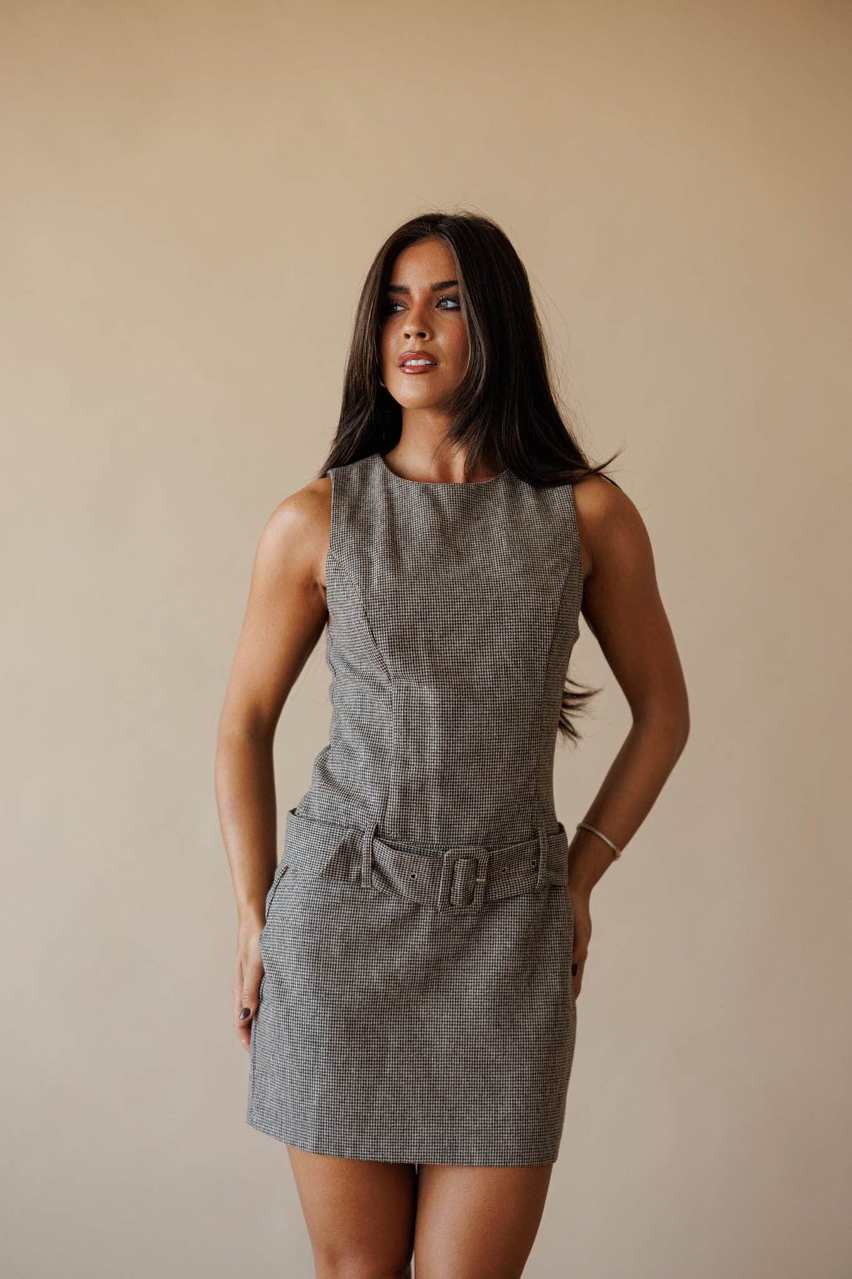 Brown houndstooth sleeveless mini dress