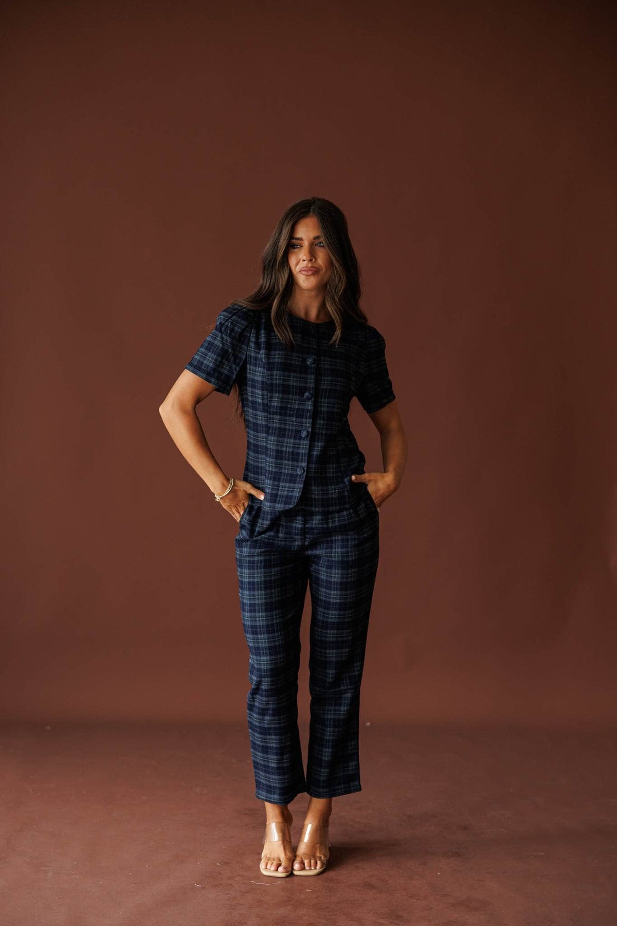 The Socialite Pants in teal plaid, full-length view with the matching plaid top