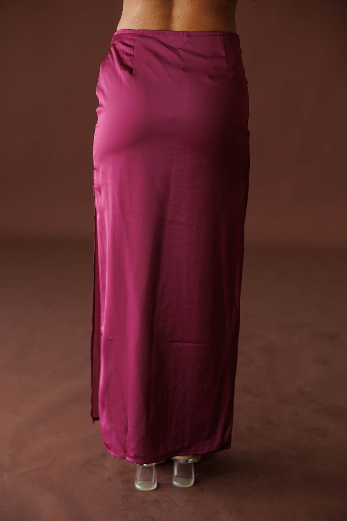 Plum Hour Satin Maxi Skirt in plum, back view showing the satin wrap maxi skirt