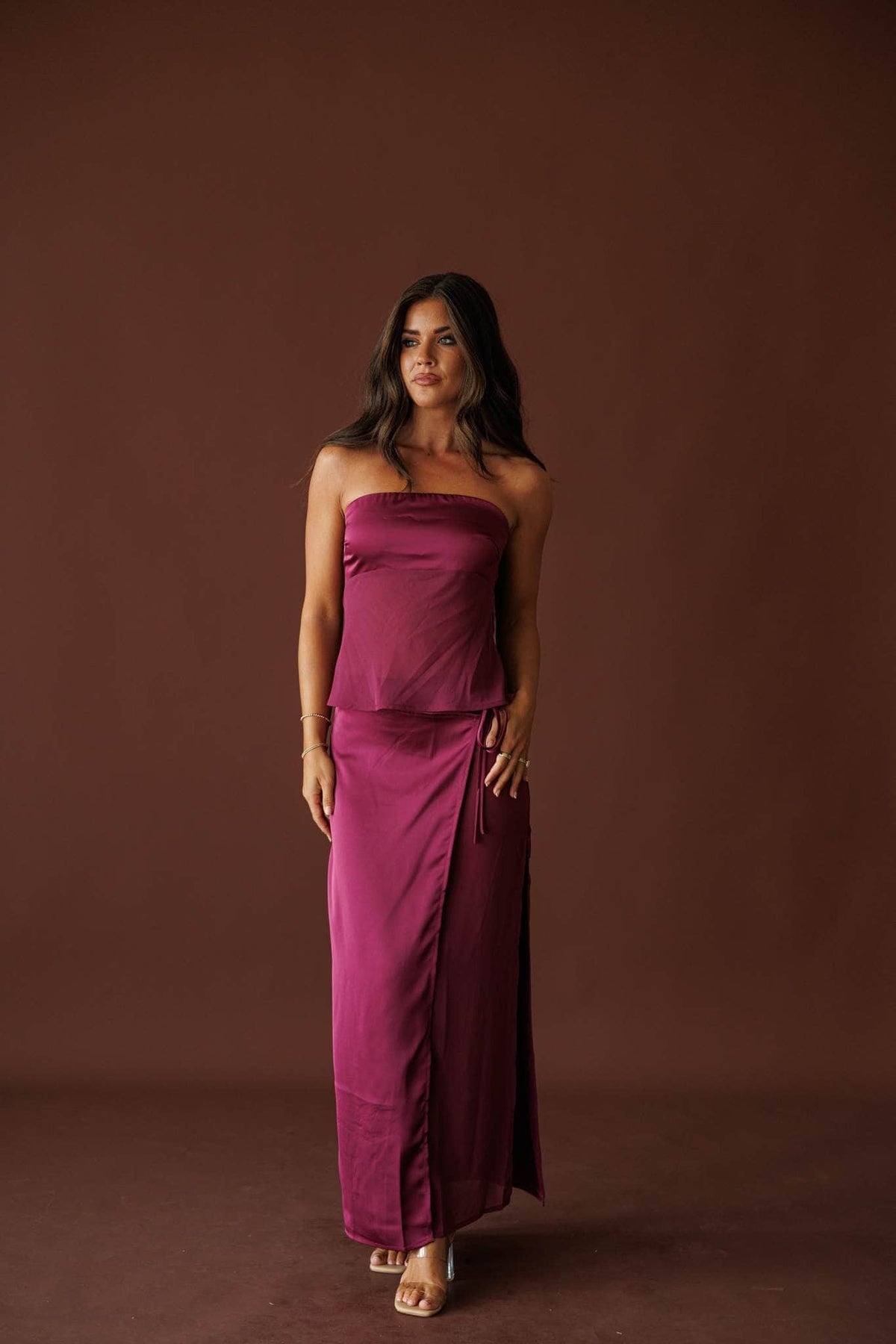 Plum Hour Satin Tube Top in plum, full-length view with the matching satin maxi skirt