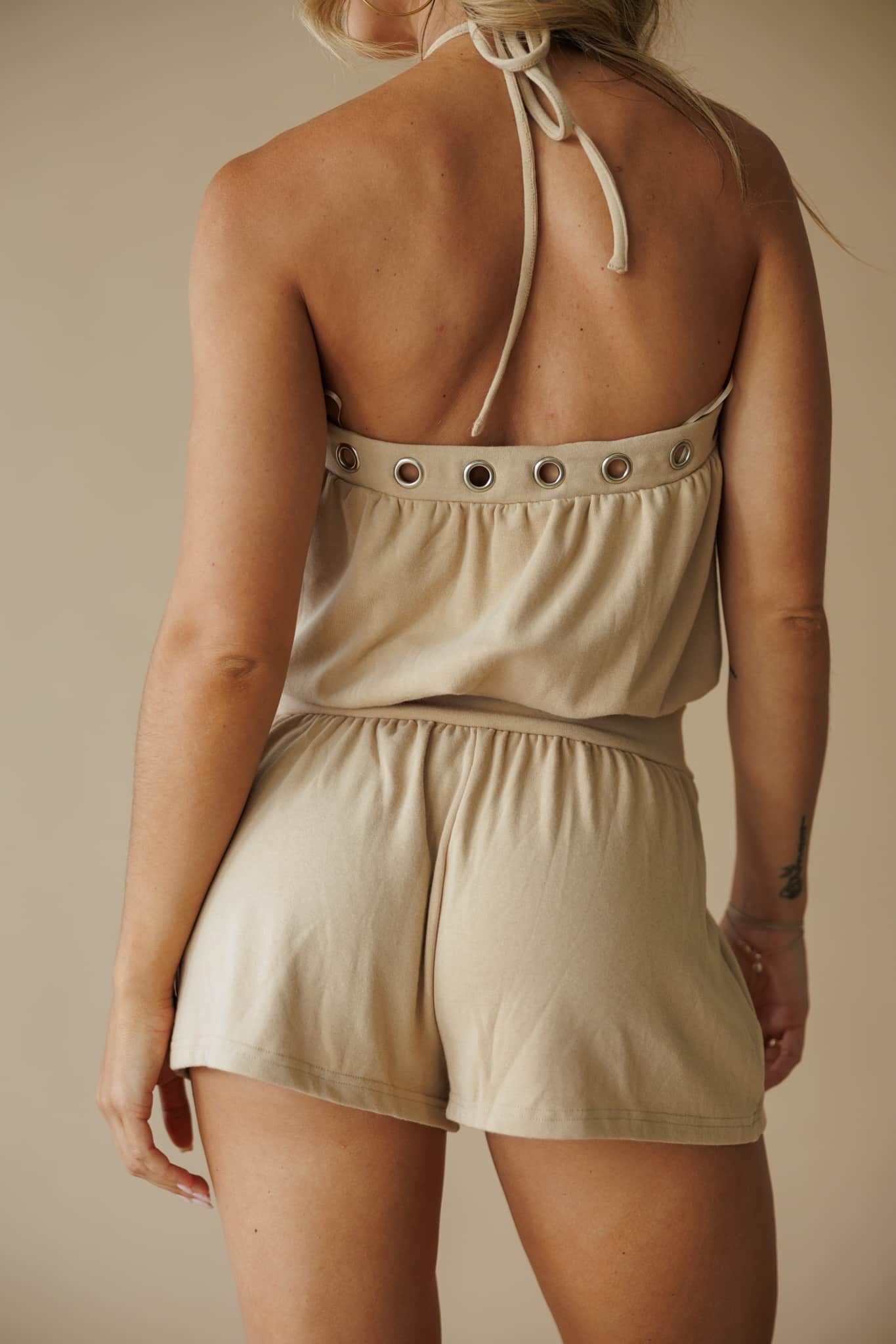 Tan Eyelet Halter Neck Romper