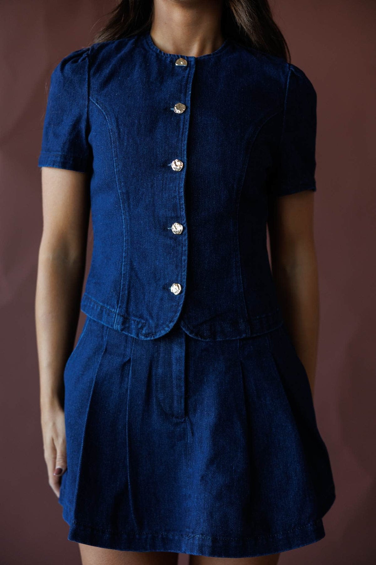 Dark denim button front top