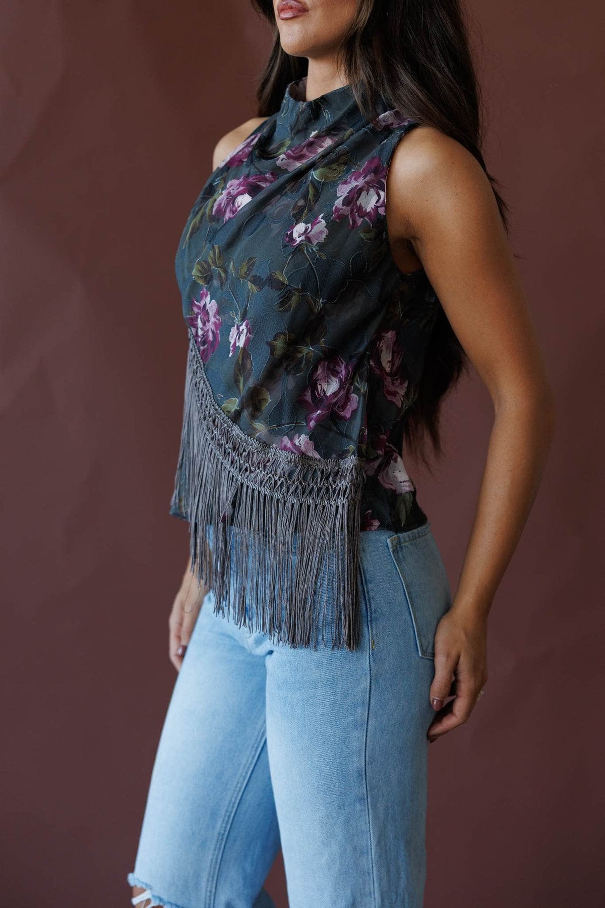 Dark floral fringe halter top