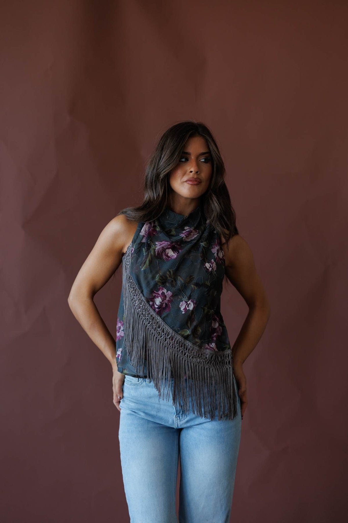 Dark floral fringe halter top