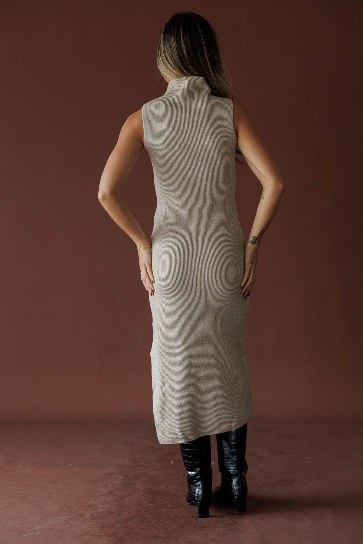 Serving Looks Sweater Dress, in cloud grey, back view of the sweater maxi dress