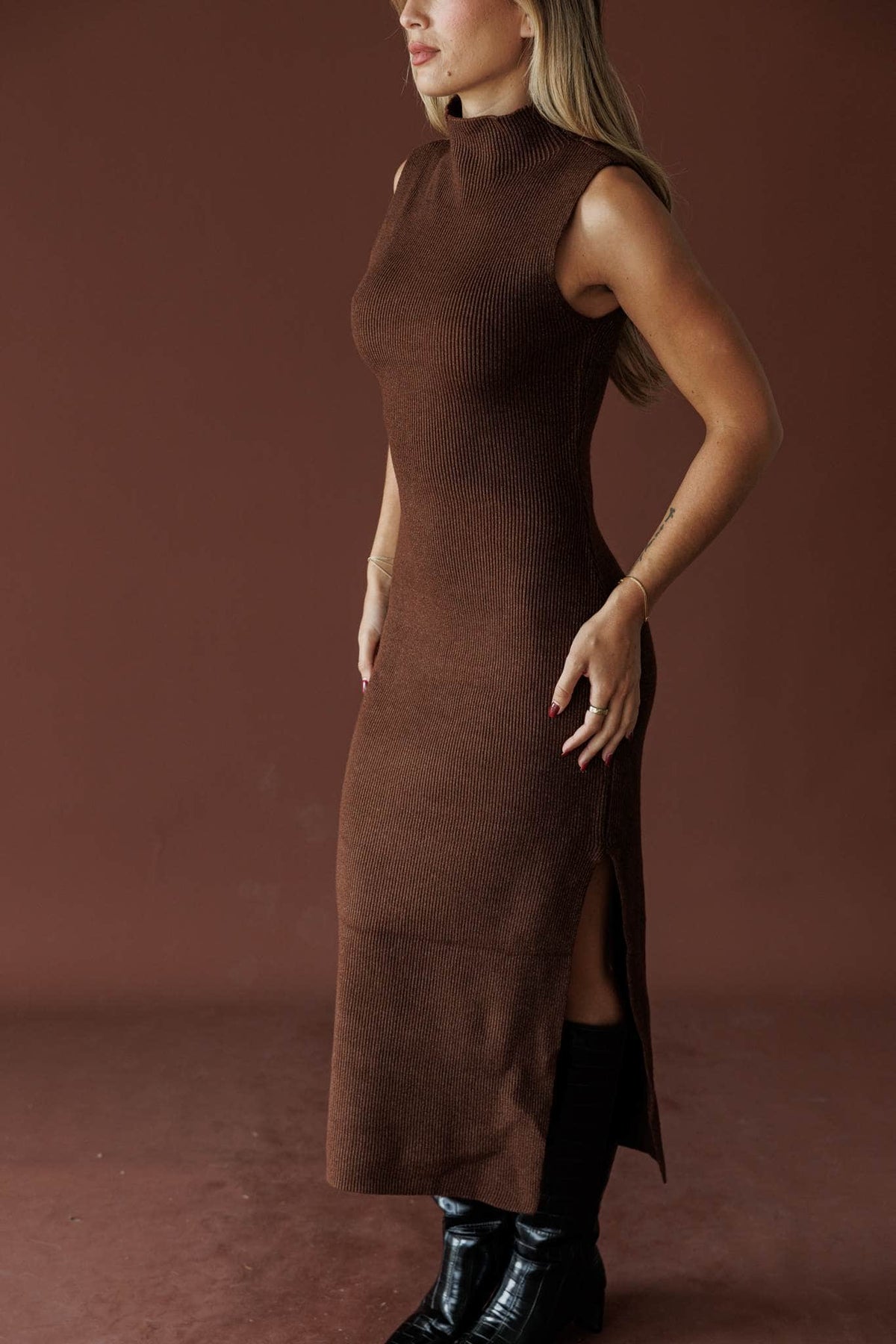 Serving Looks Sweater Dress, in chocolate, close side view of the mock neck and shoulder