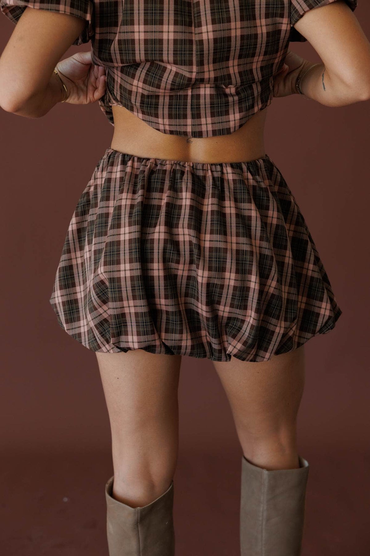 Brown plaid bubble hem mini skirt