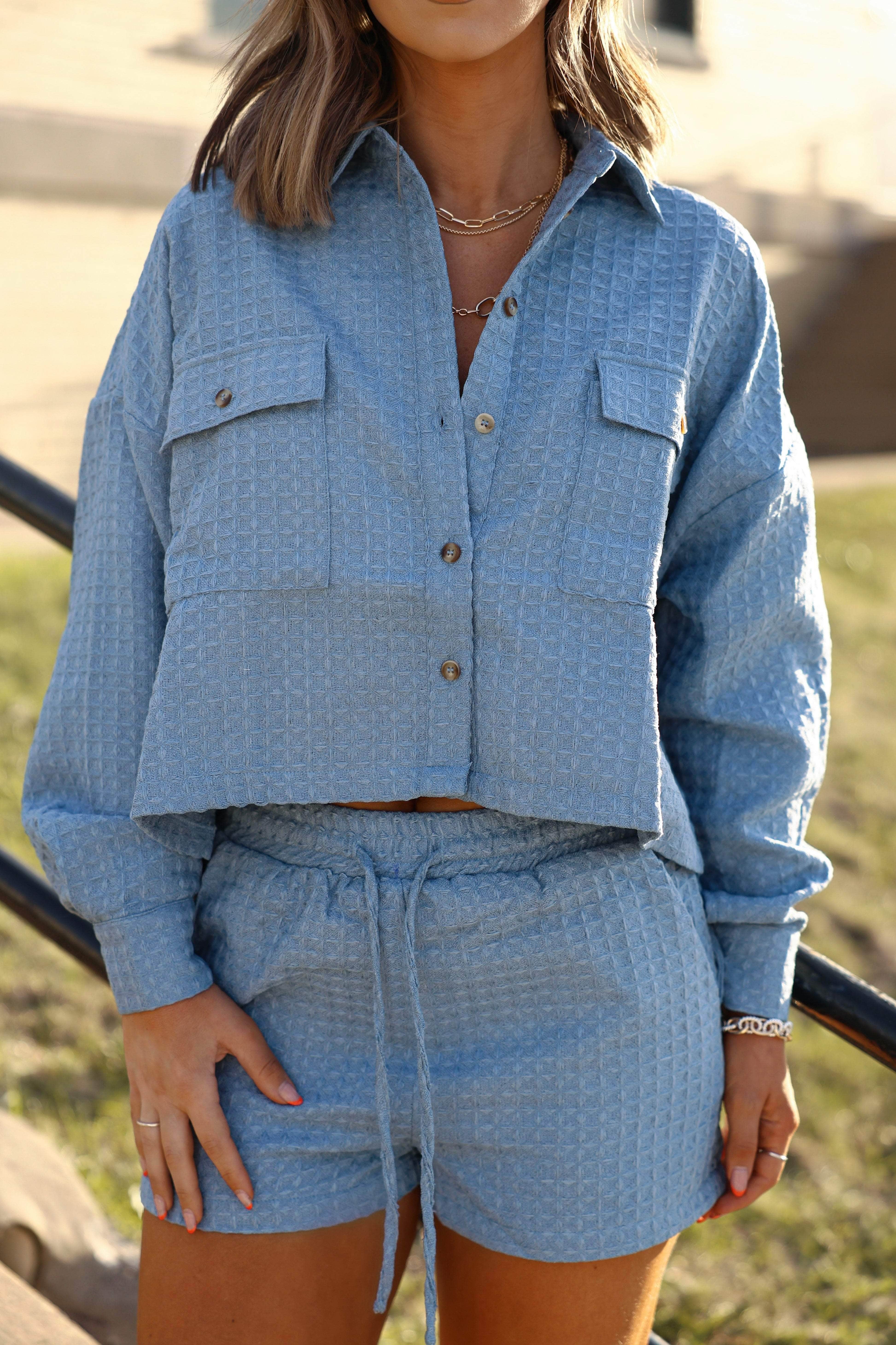 Sky Blue Waffle Knit Shorts