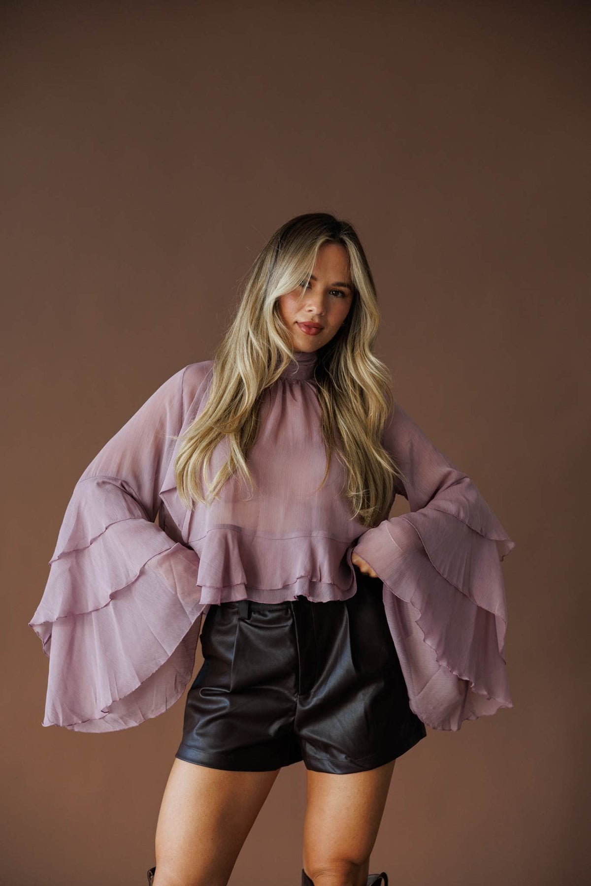 Flared cuff crop top, front view