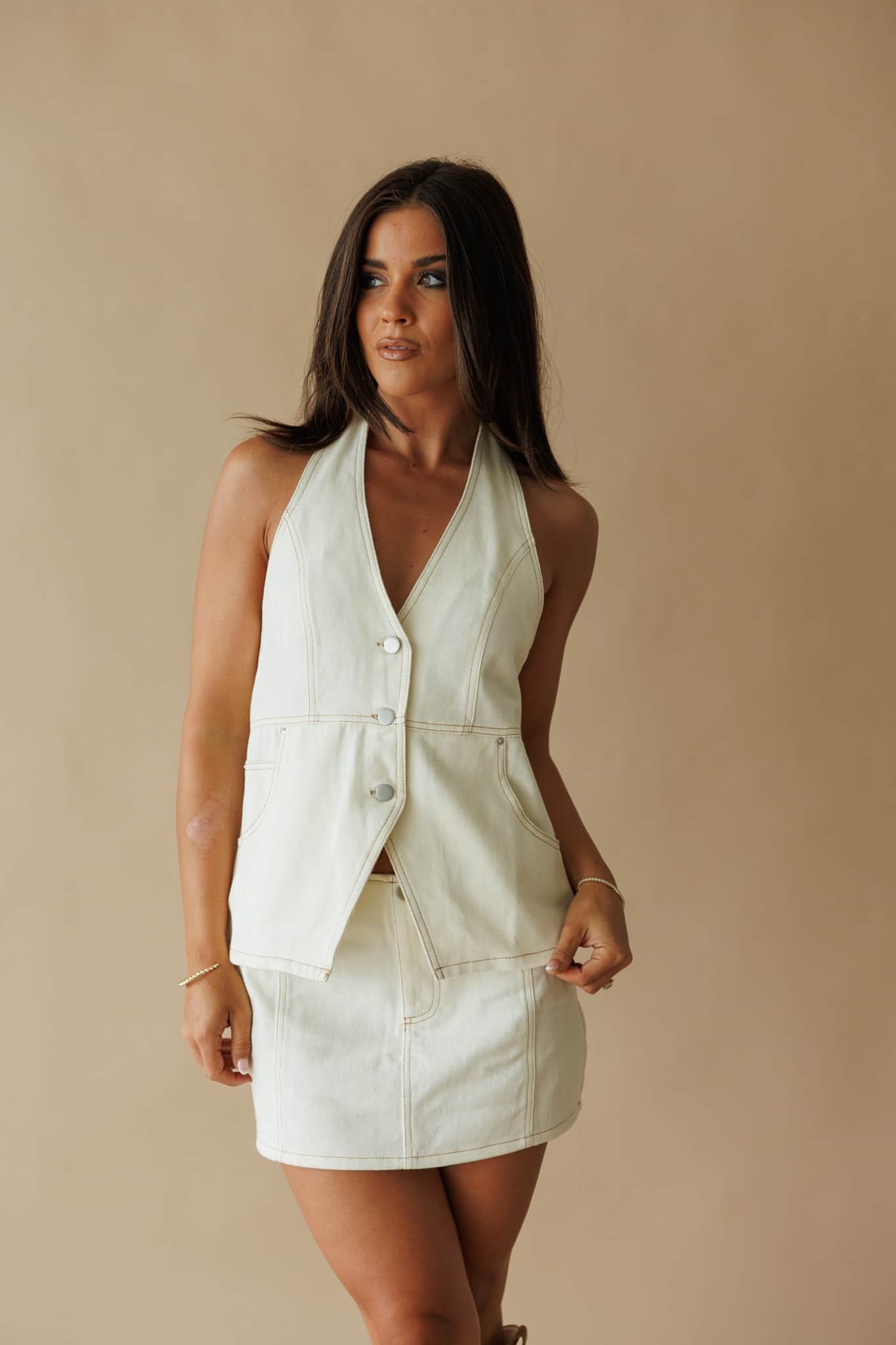 Cream Denim Detail Mini Skirt