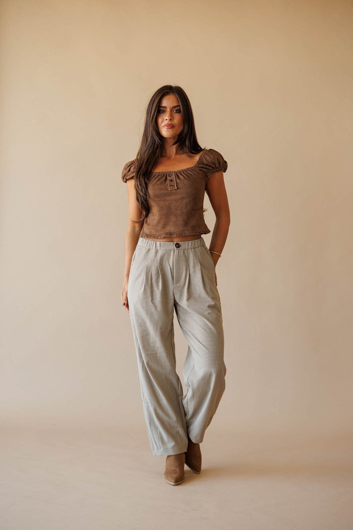 Brown faux suede square neck top