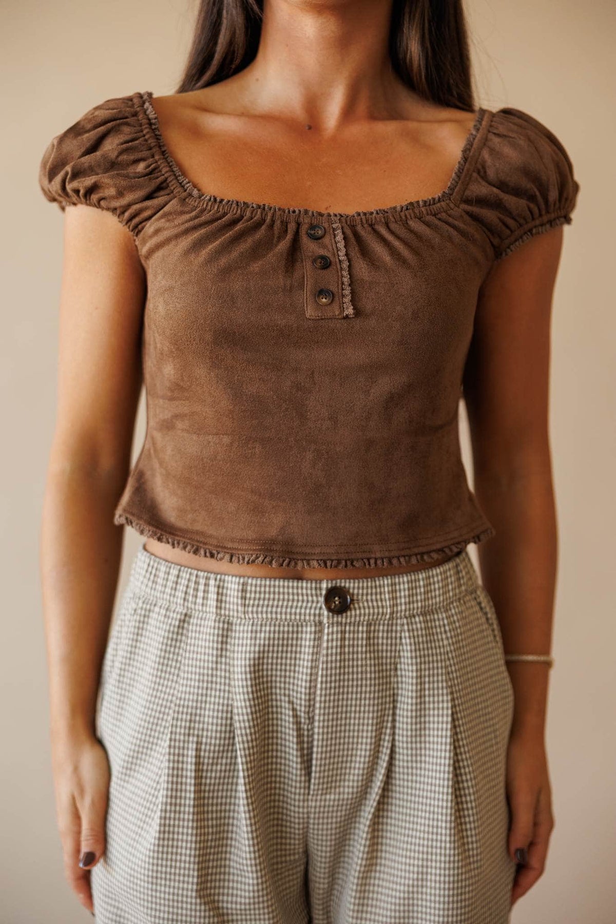Brown faux suede square neck top