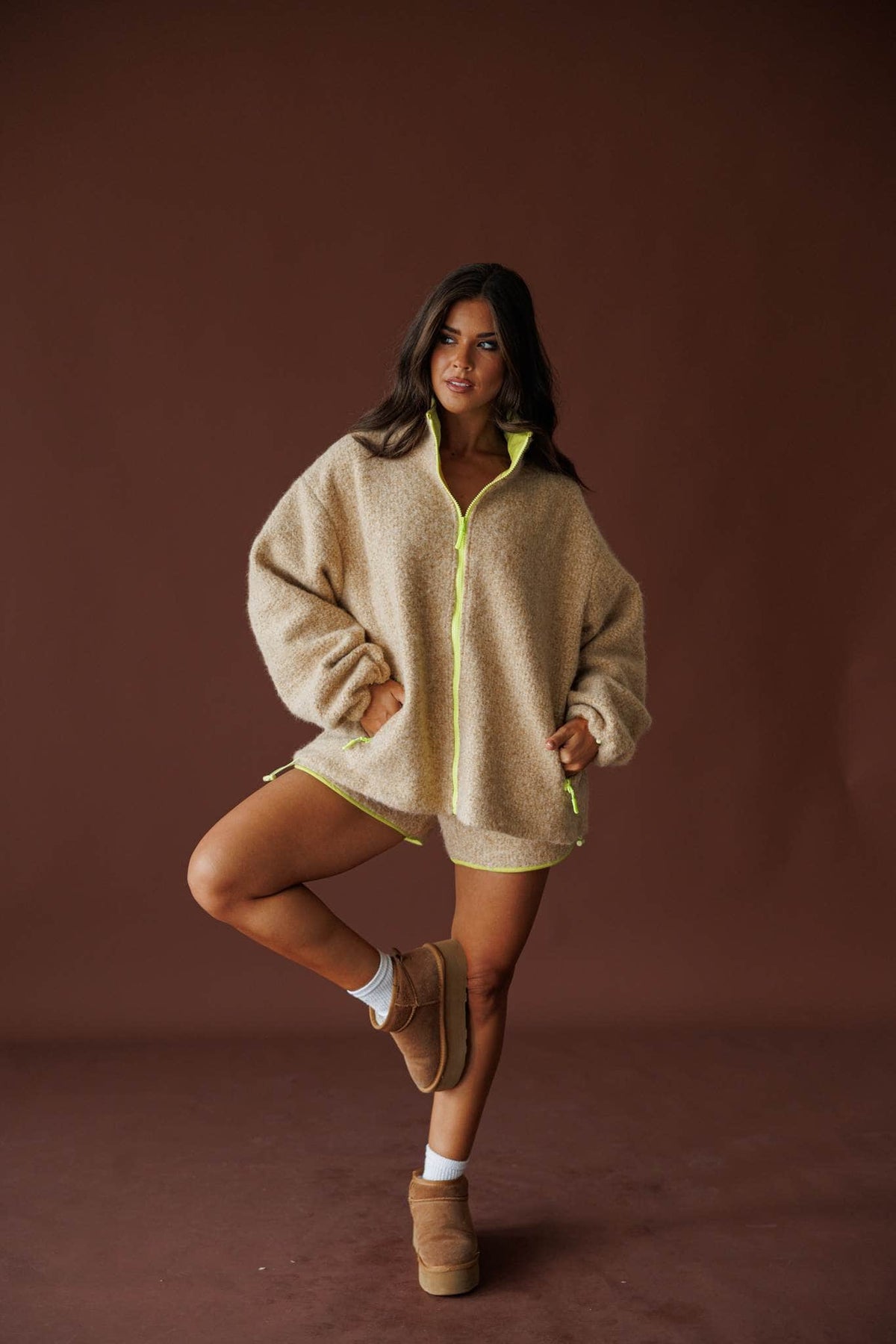 Sundance Sherpa Jacket in butter, full-length view with the matching sherpa shorts