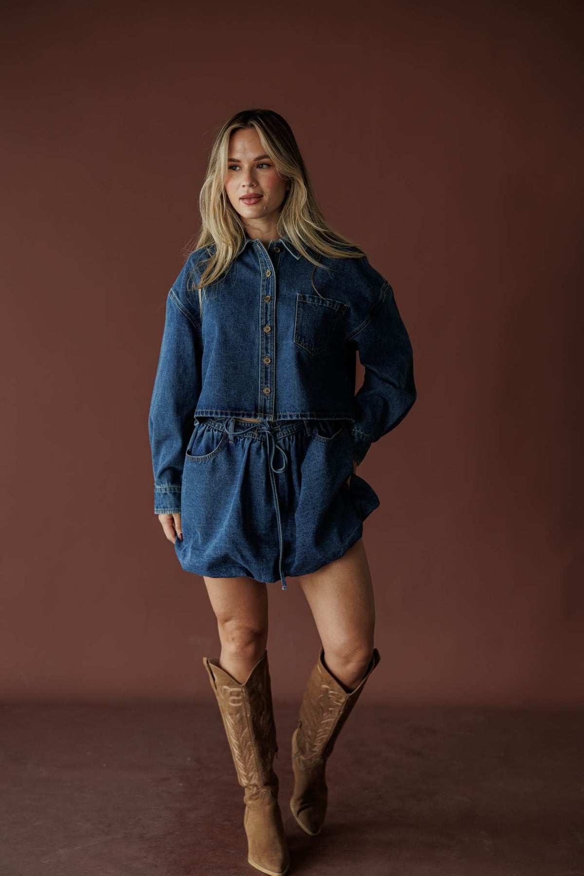 Denim jacket with drawstring waist, front view