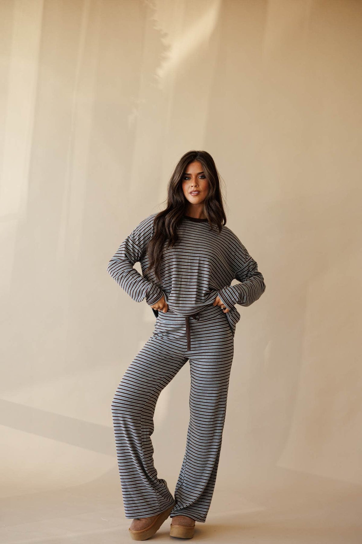 Brown and grey stripe knit wide leg pants