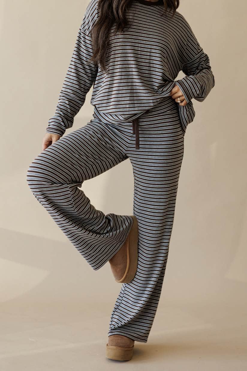 Brown and grey stripe knit wide leg pants, front view