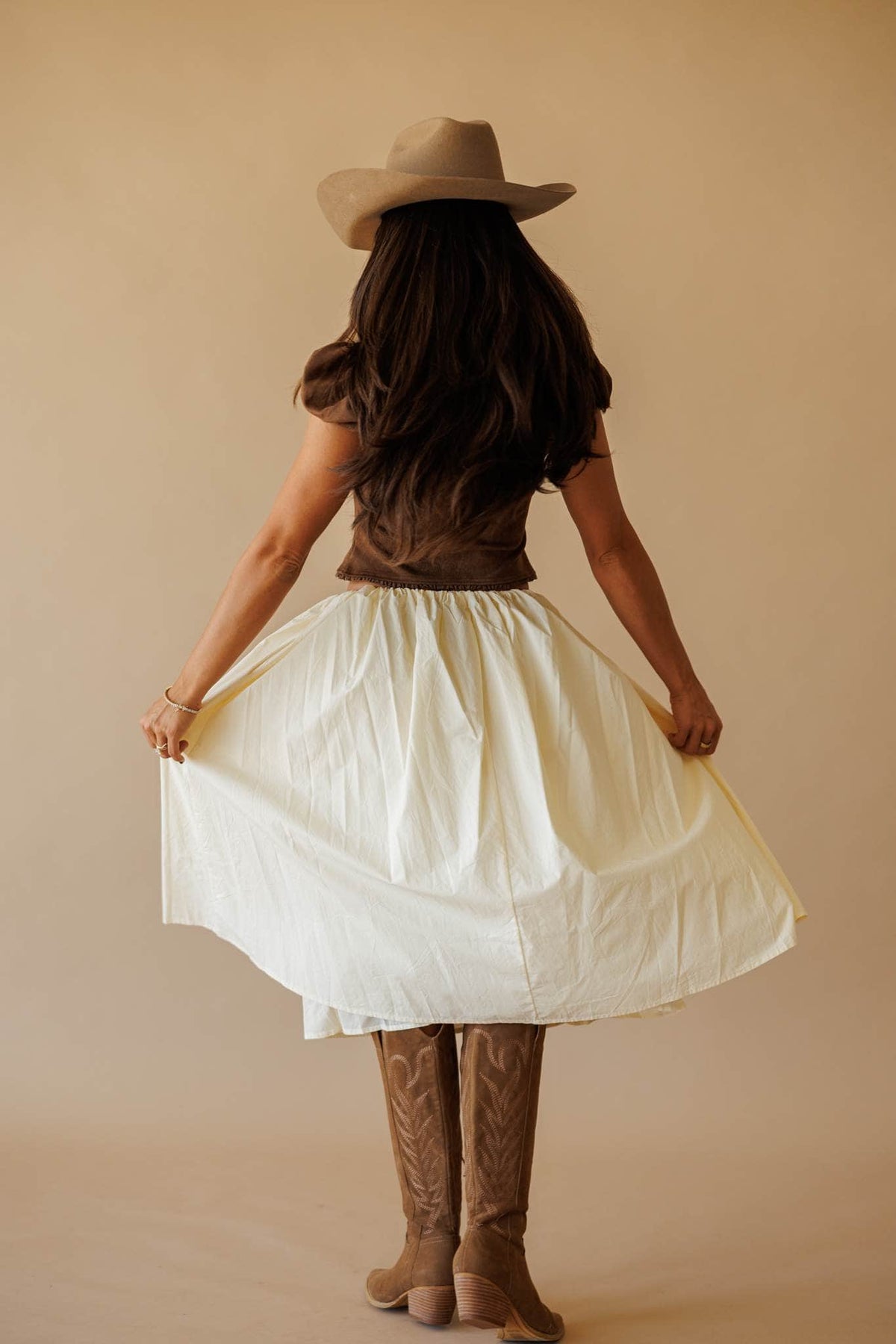 Cream gathered waist midi skirt