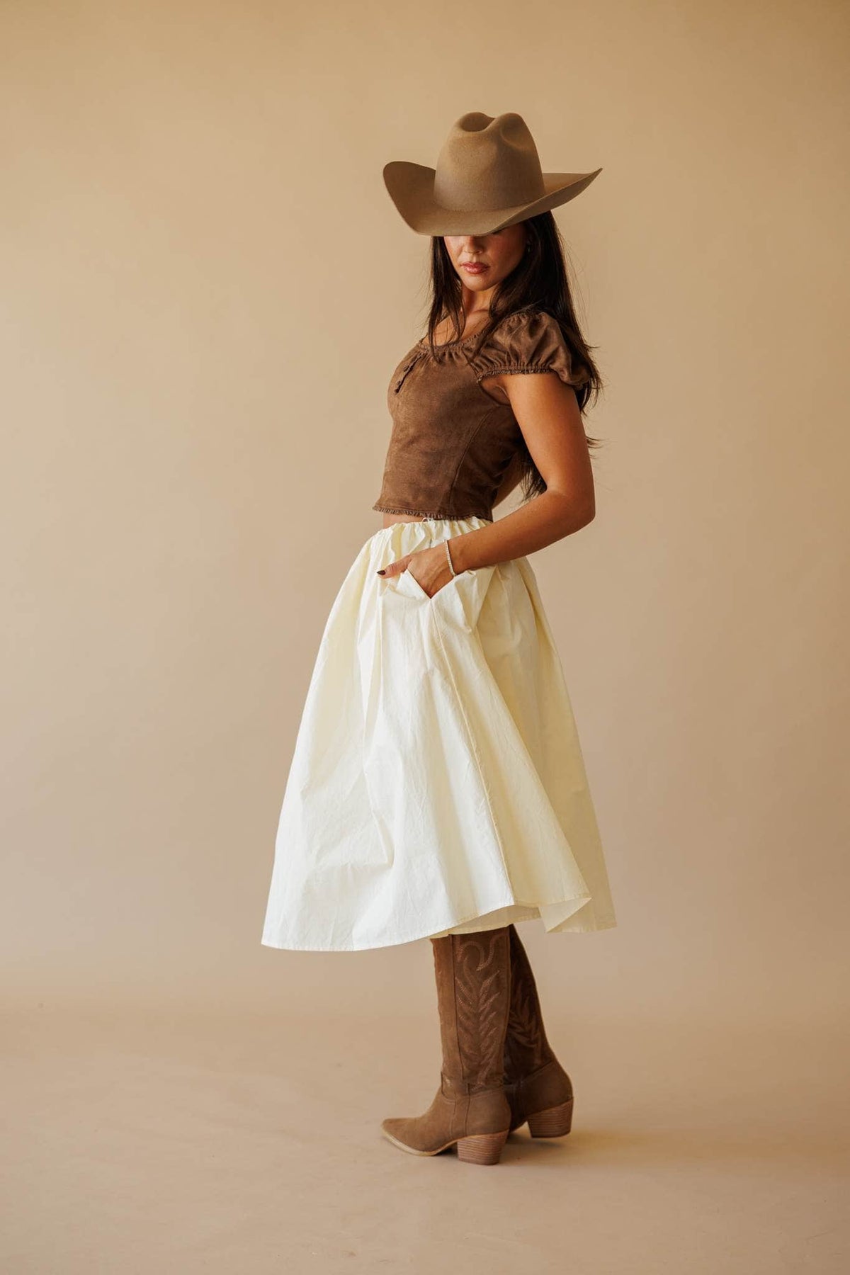 Cream gathered waist midi skirt