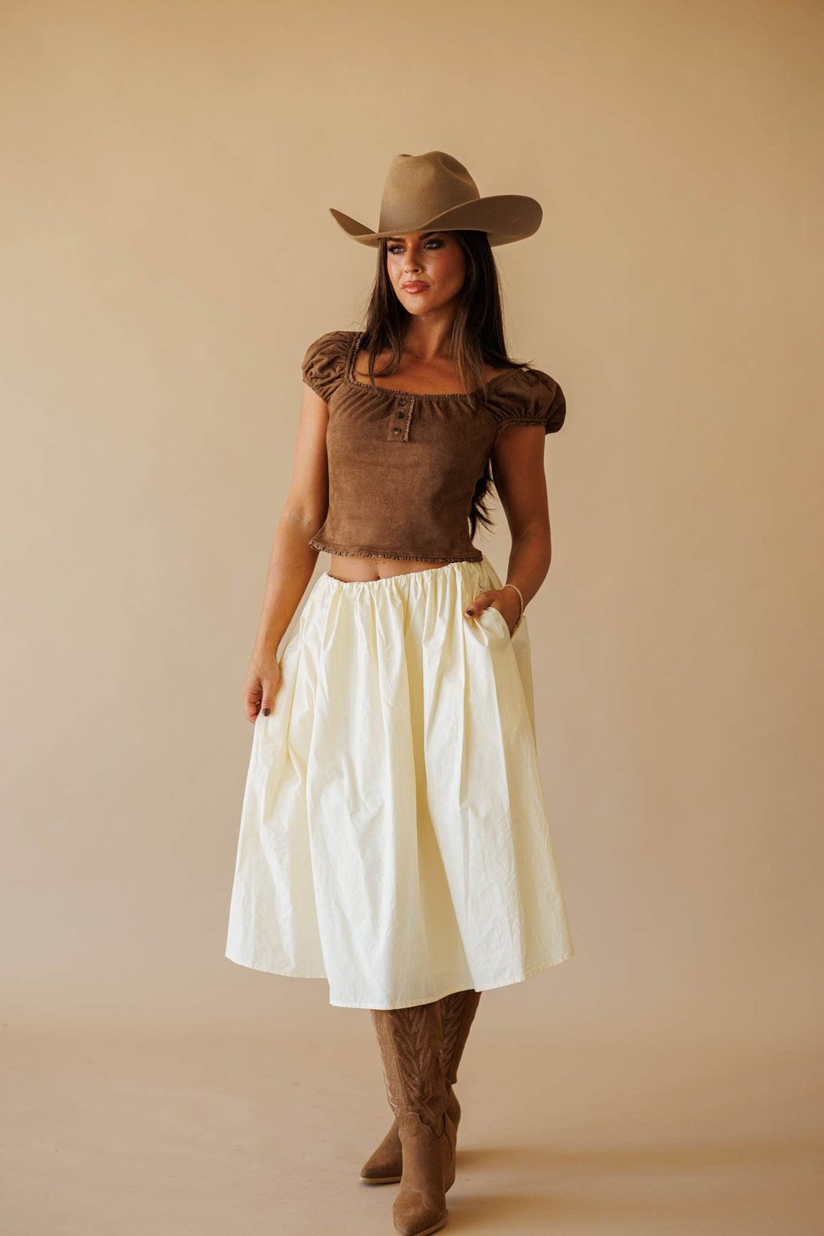 Cream gathered waist midi skirt, front view